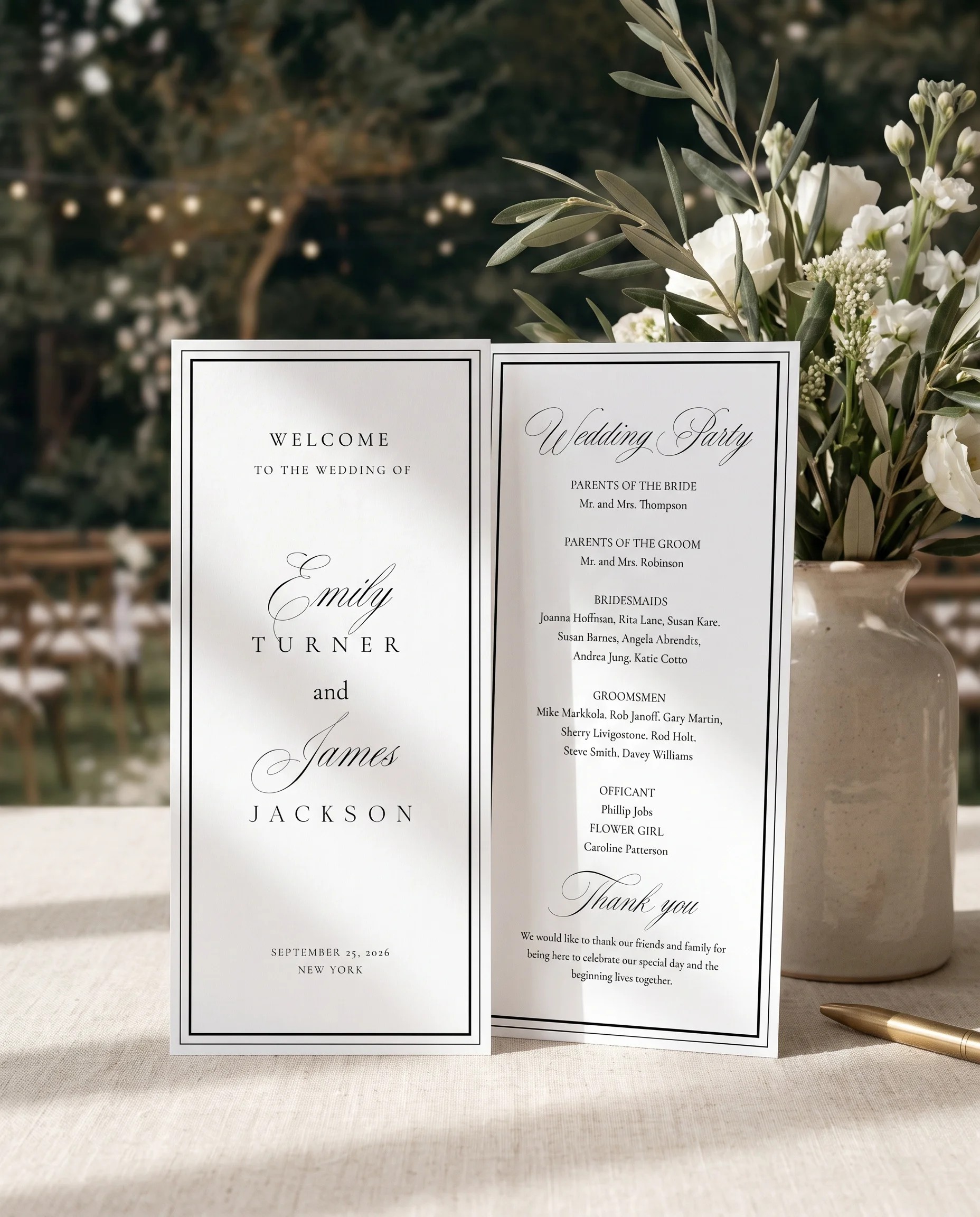 Heirloom wedding program — two flat cards standing upright at a ceremony under soft natural light, wedding program template.
