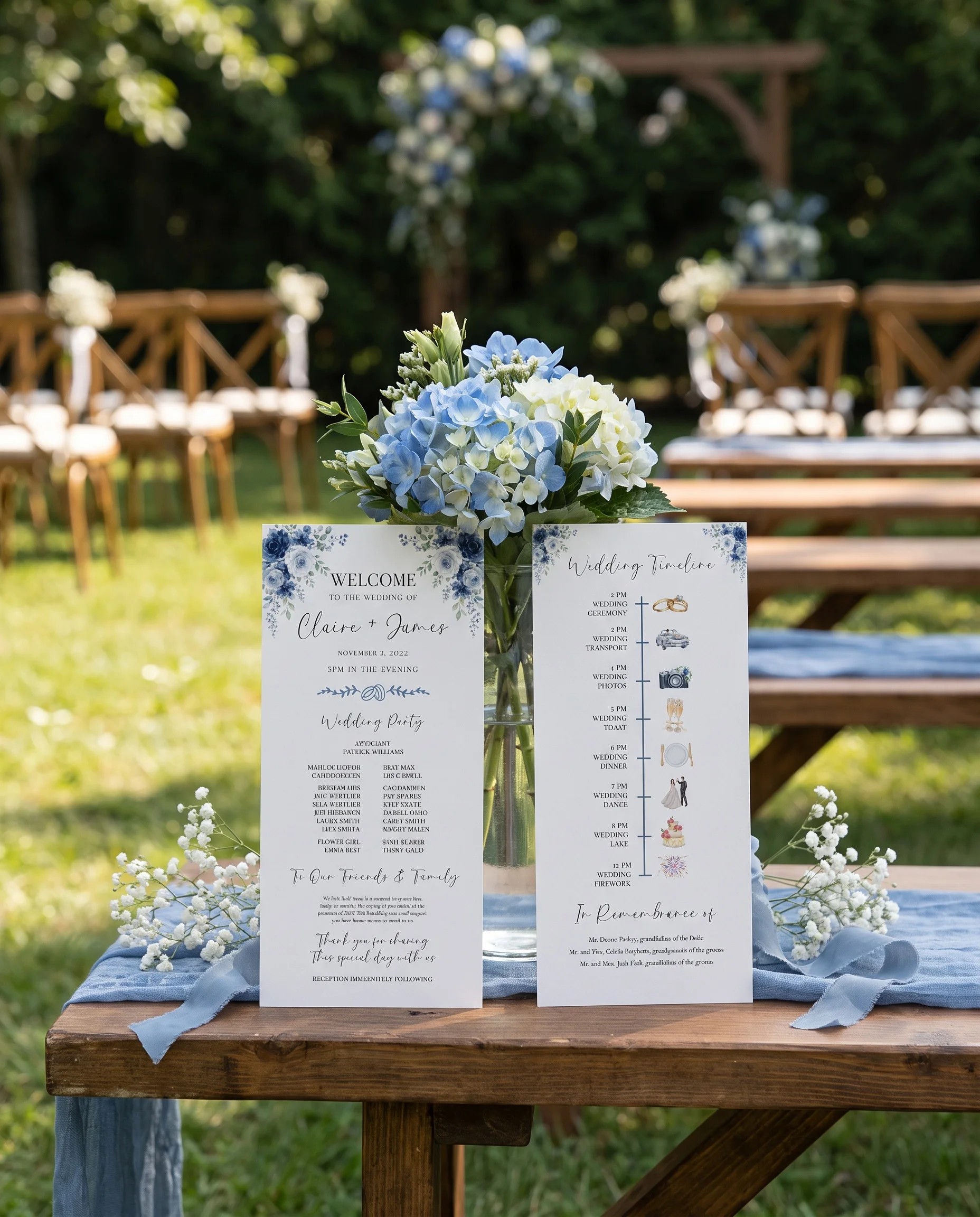 Bluebloom wedding program — two flat program cards standing upright at a ceremony in soft natural light, wedding program template.