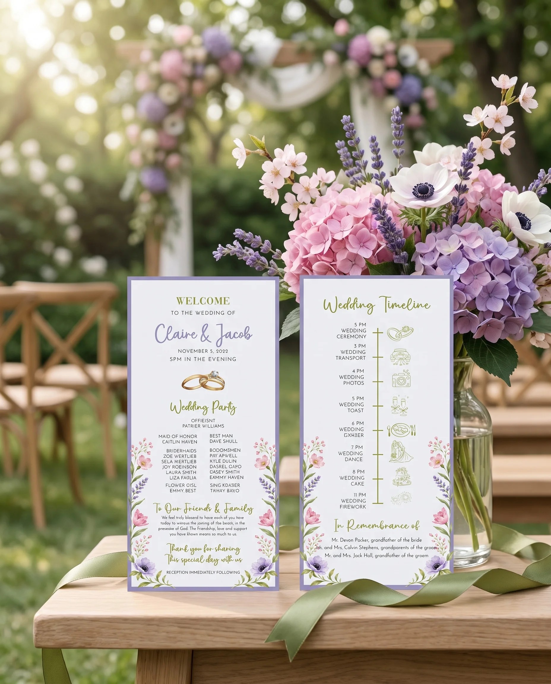 Anemone Toast wedding program — two flat card designs standing upright at a ceremony under soft natural light, wedding program template.