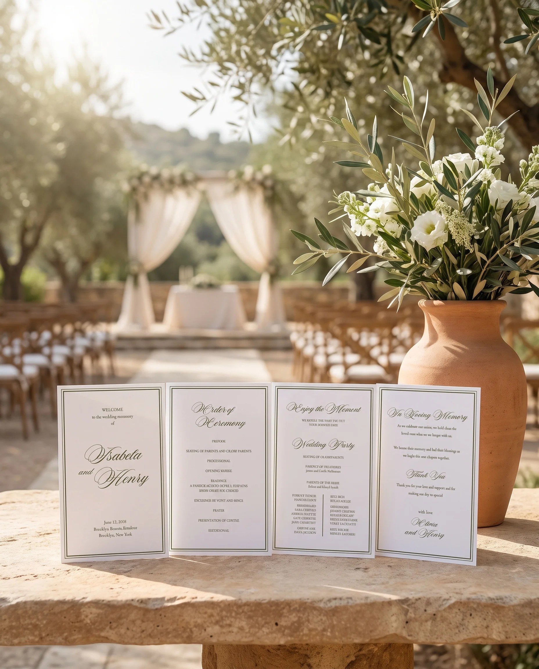 Olive Script wedding program — four flat program cards standing upright at a ceremony under soft natural light, wedding program template.
