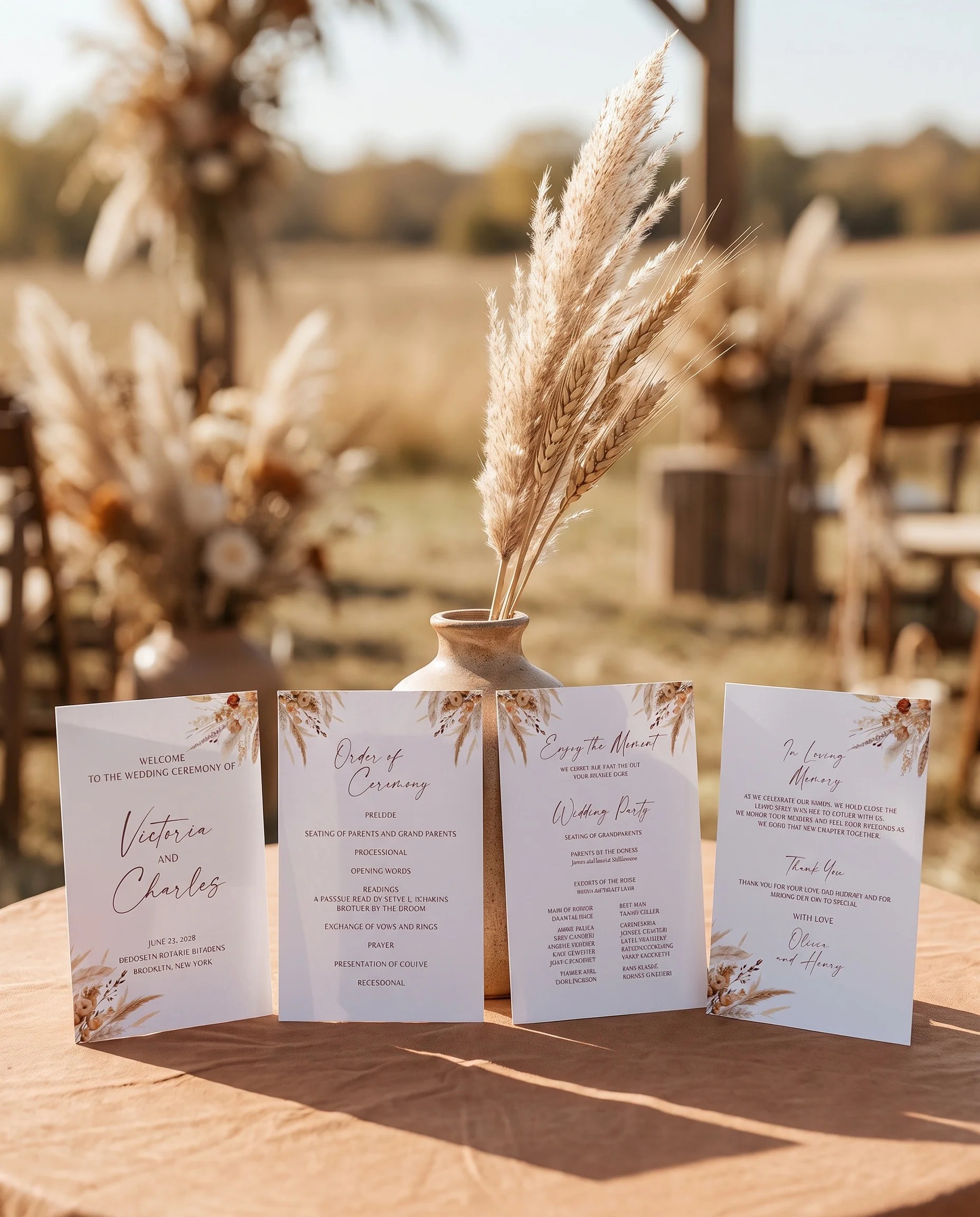 Harvest Script wedding program — four flat card designs standing upright at a ceremony under soft natural light, wedding program template.