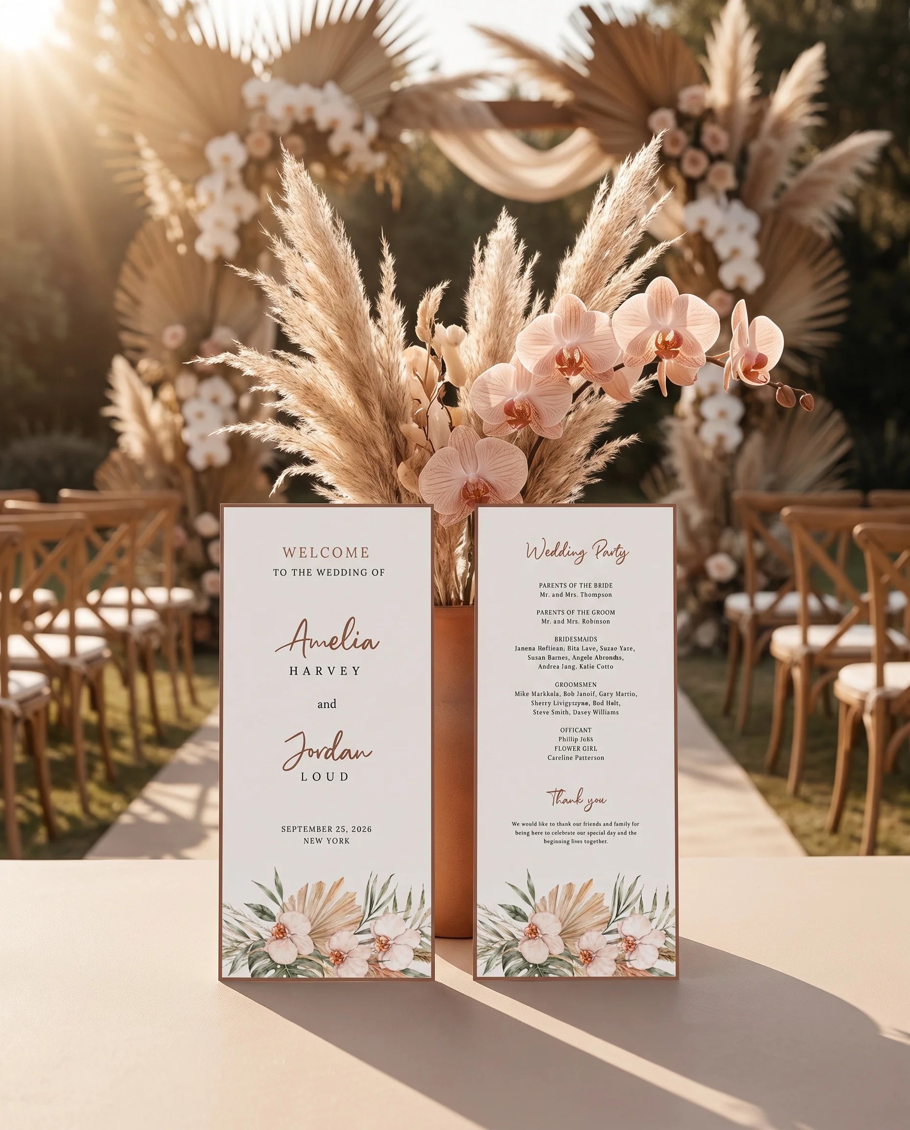 Palm Orchid wedding program — two flat program cards shown from above in soft natural light, wedding programs