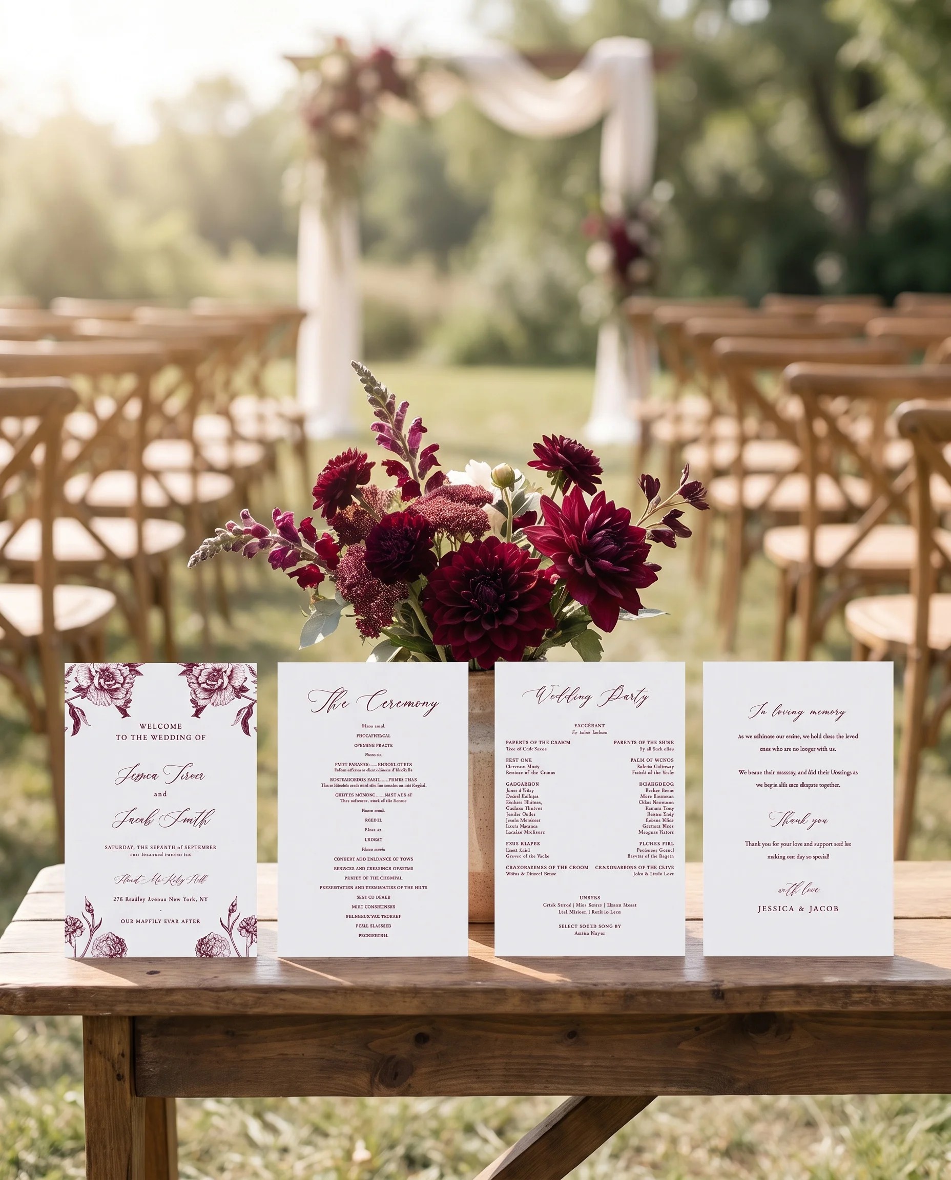 Chantilly wedding program — four flat program cards standing upright at a ceremony under soft natural light, wedding program template.