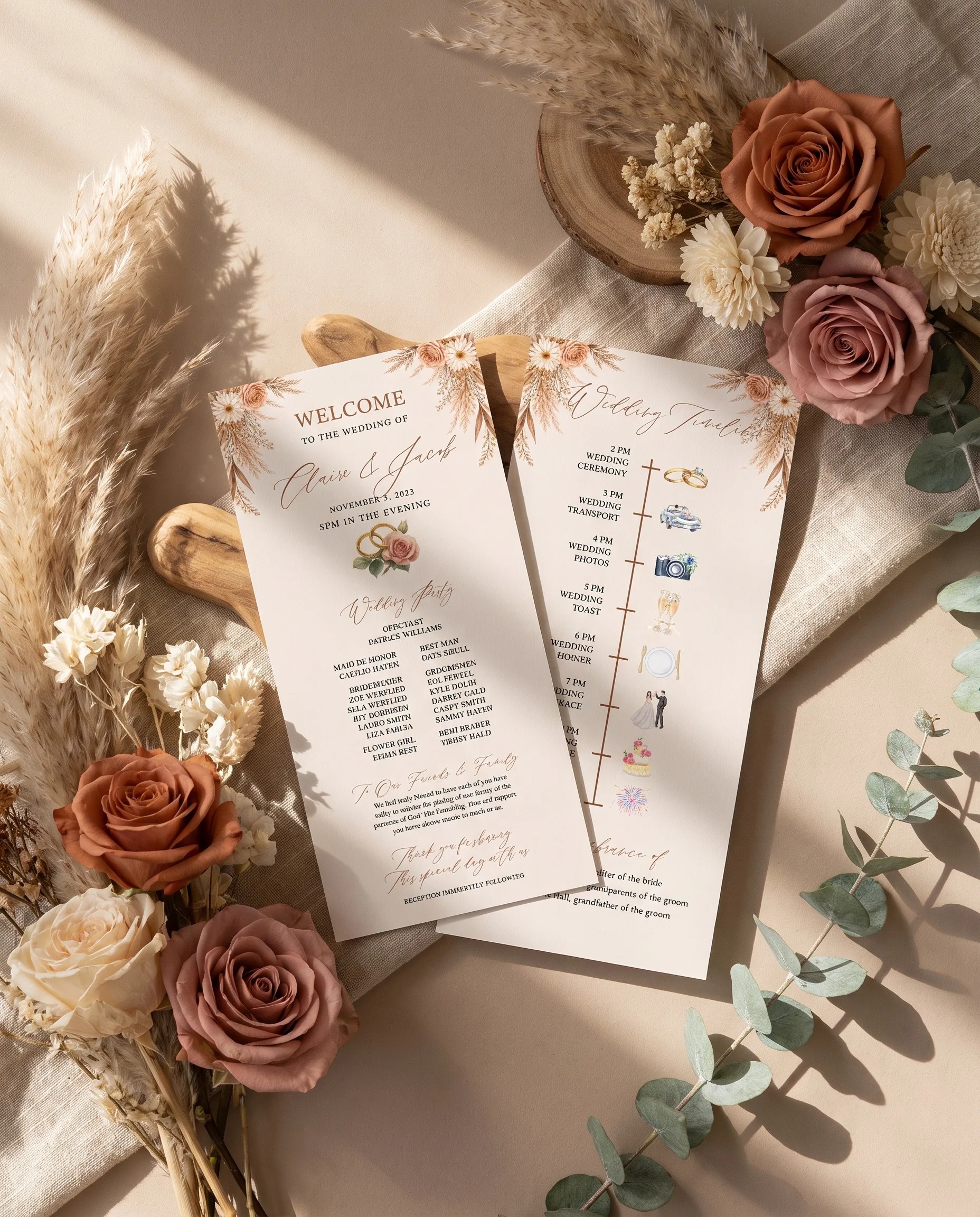 Pampas Hush wedding program — two flat program cards arranged from above under soft natural light, wedding programs