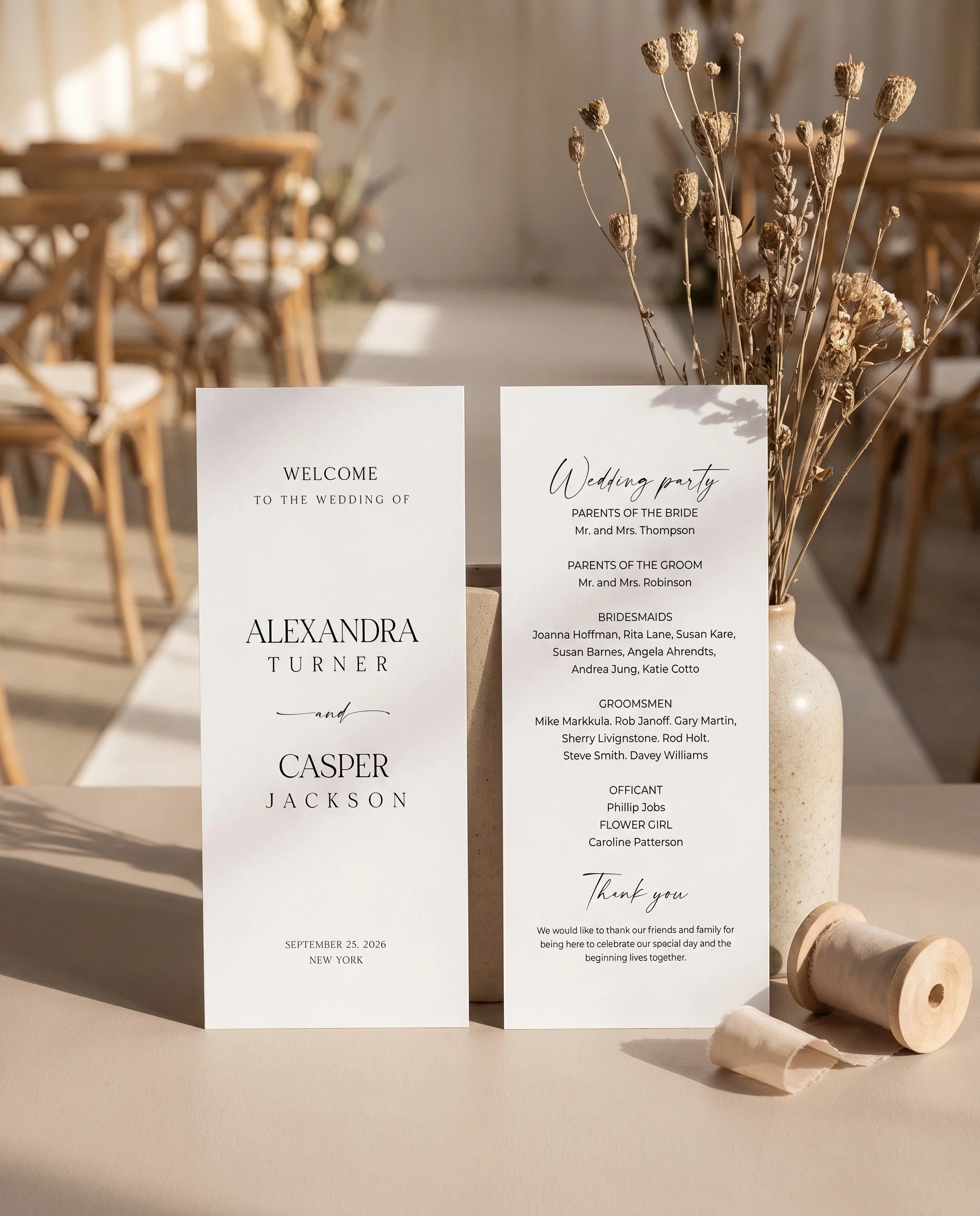 Charline wedding program — two flat cards standing upright at a ceremony under soft natural light, wedding program template.