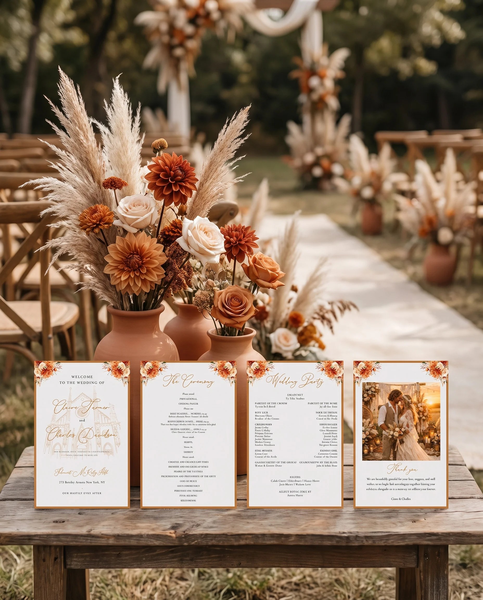 Marigold wedding program — four flat program pages standing upright at a ceremony in soft natural light, wedding program template.