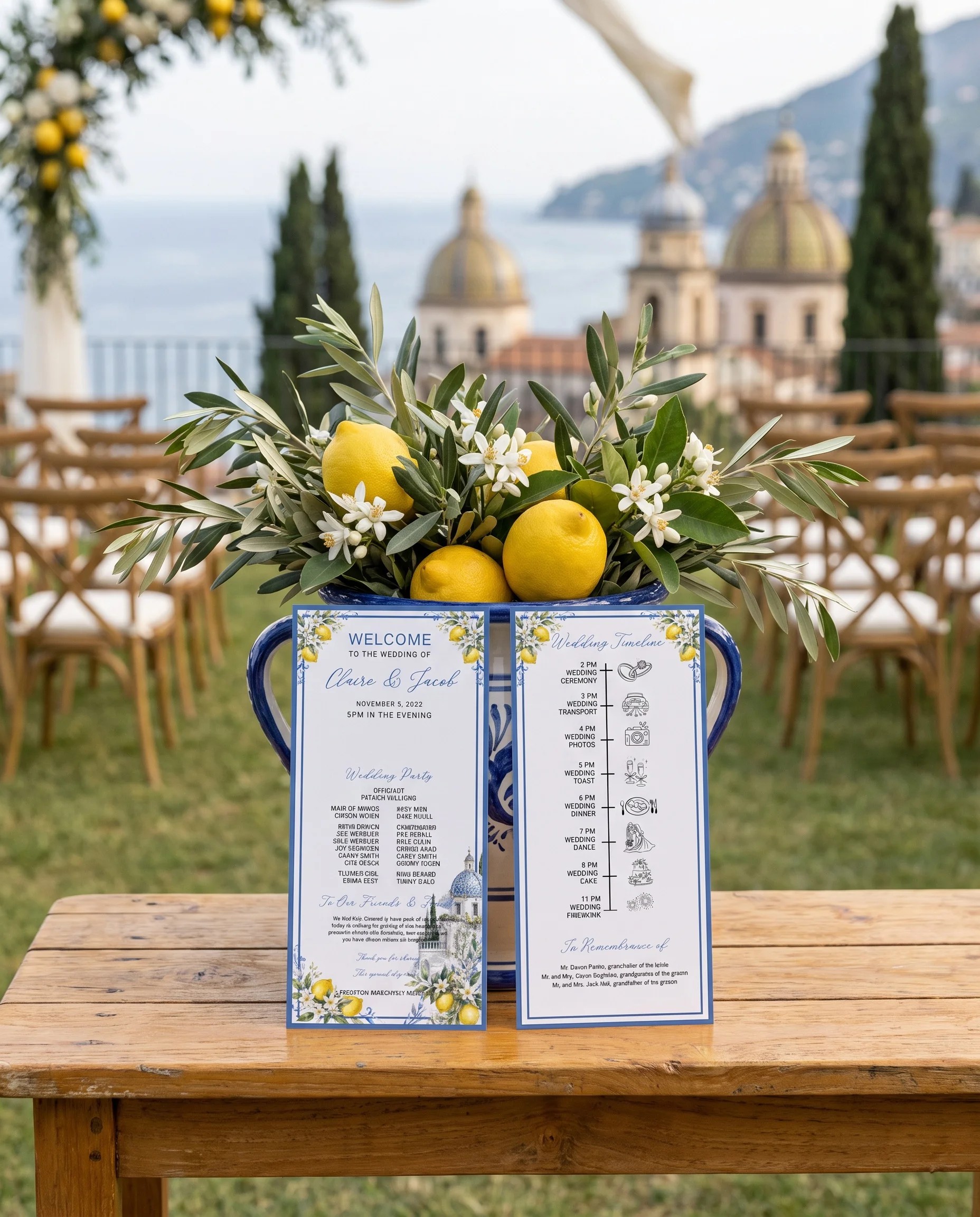 Amalfi Grove wedding program — two flat program cards standing upright at a ceremony under soft natural light, wedding program template.
