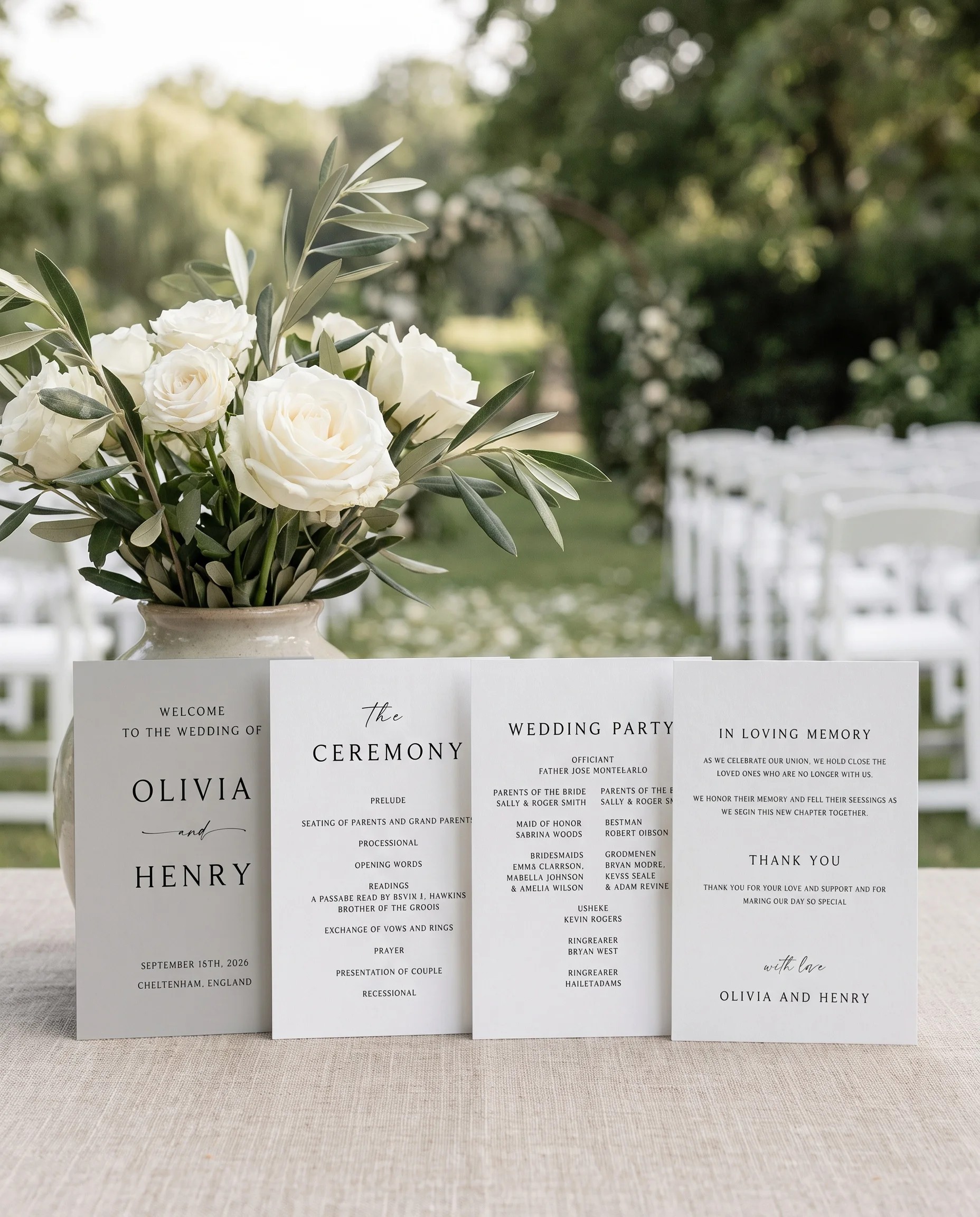 Liminal wedding program — four flat pages standing upright at a ceremony under soft natural light, wedding program template.