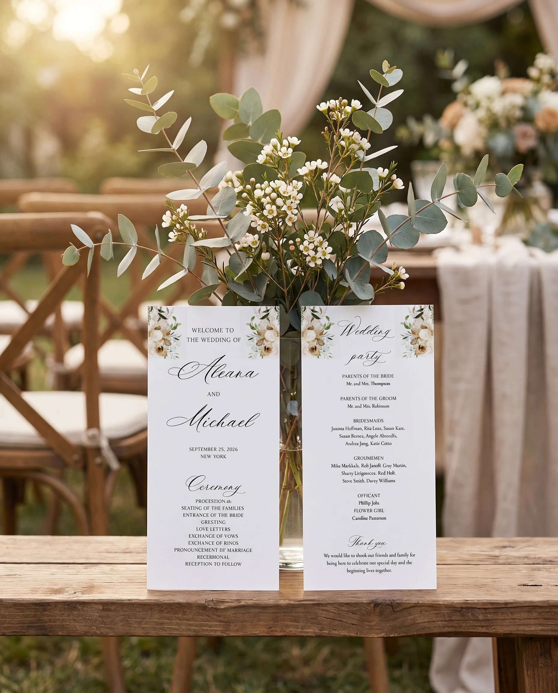 Meadow Veil wedding program — two flat program cards standing upright at a ceremony in soft natural light, wedding program template.