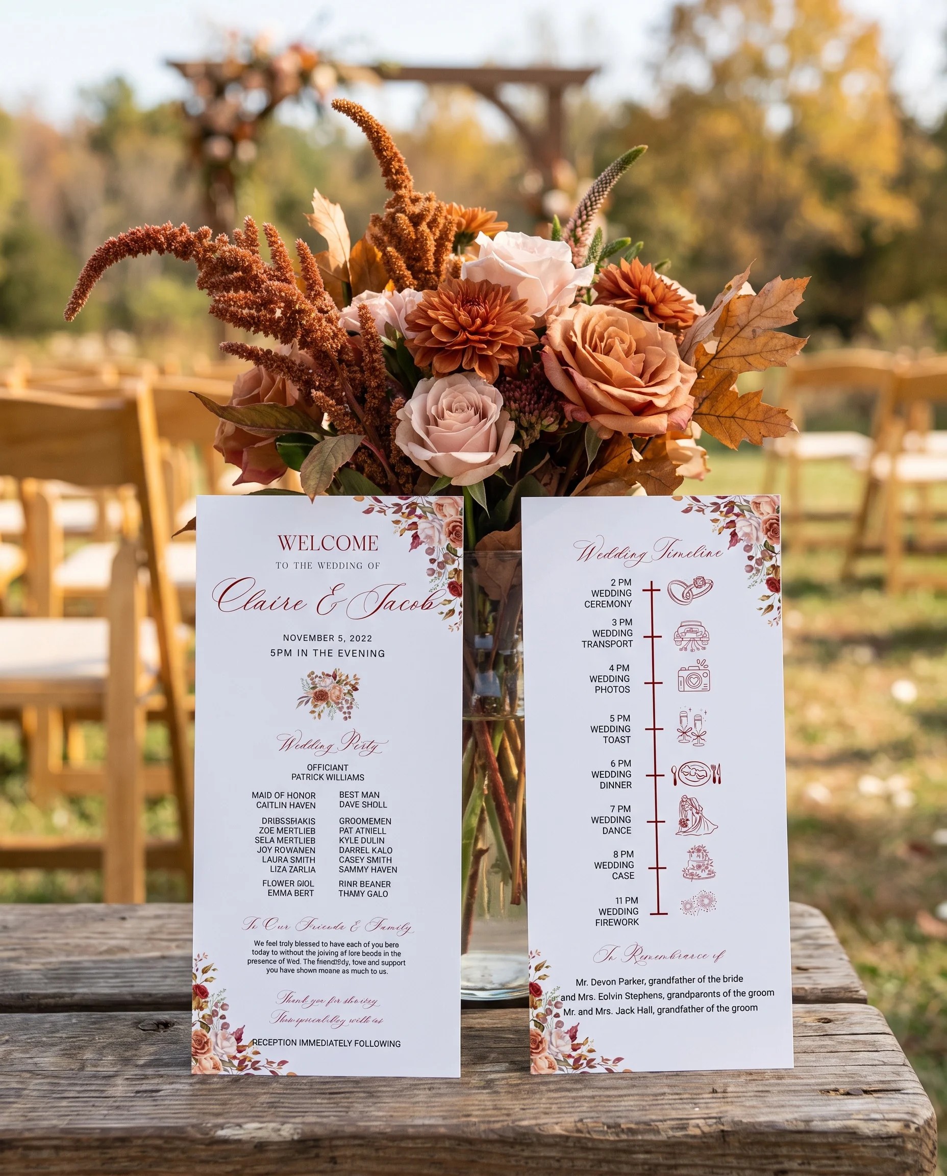 Autumn Blush wedding program — two program cards standing upright at a ceremony in soft natural light, wedding program template.