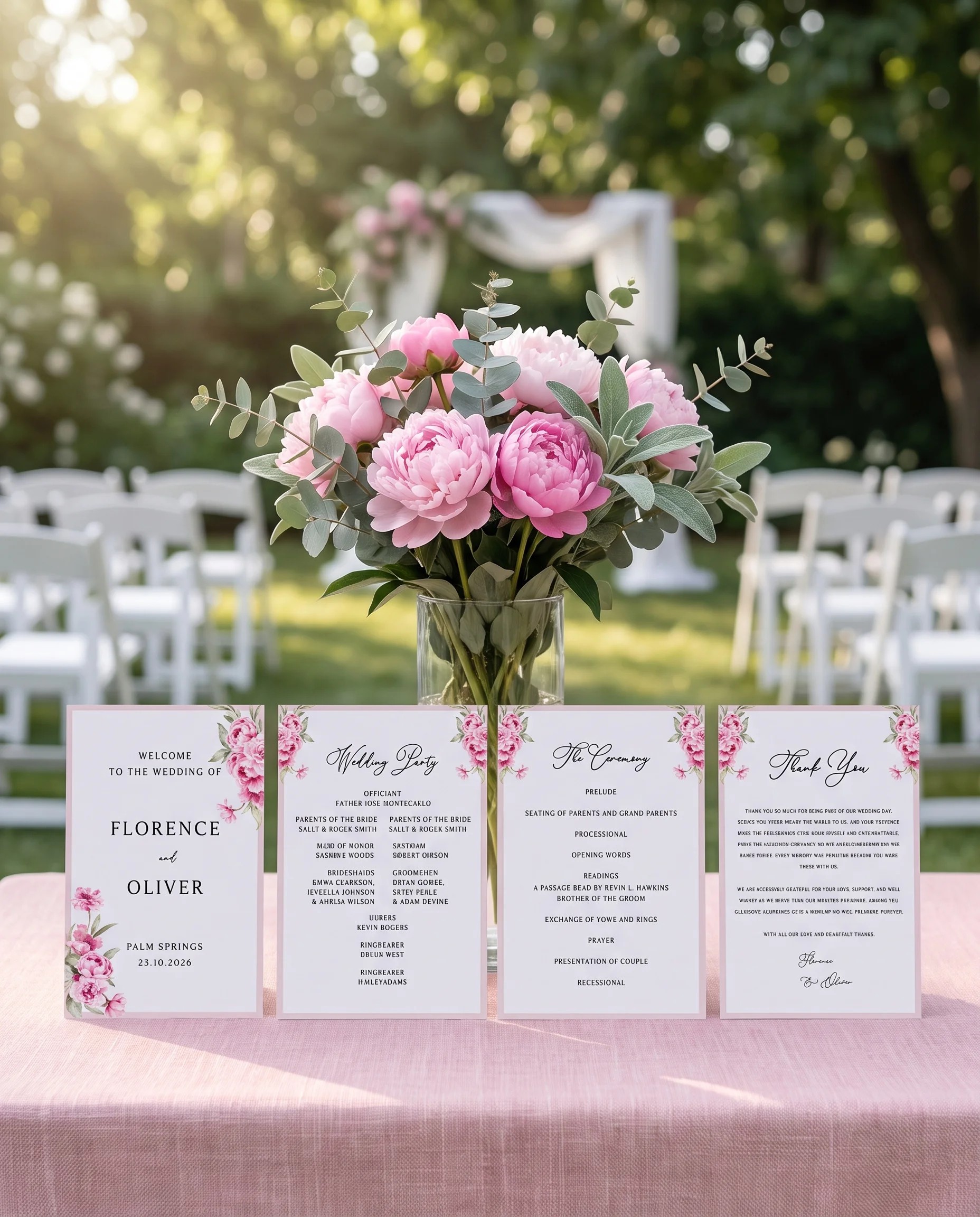 Blush Peony wedding program — four flat card designs standing upright at a ceremony under soft natural light, wedding program template.
