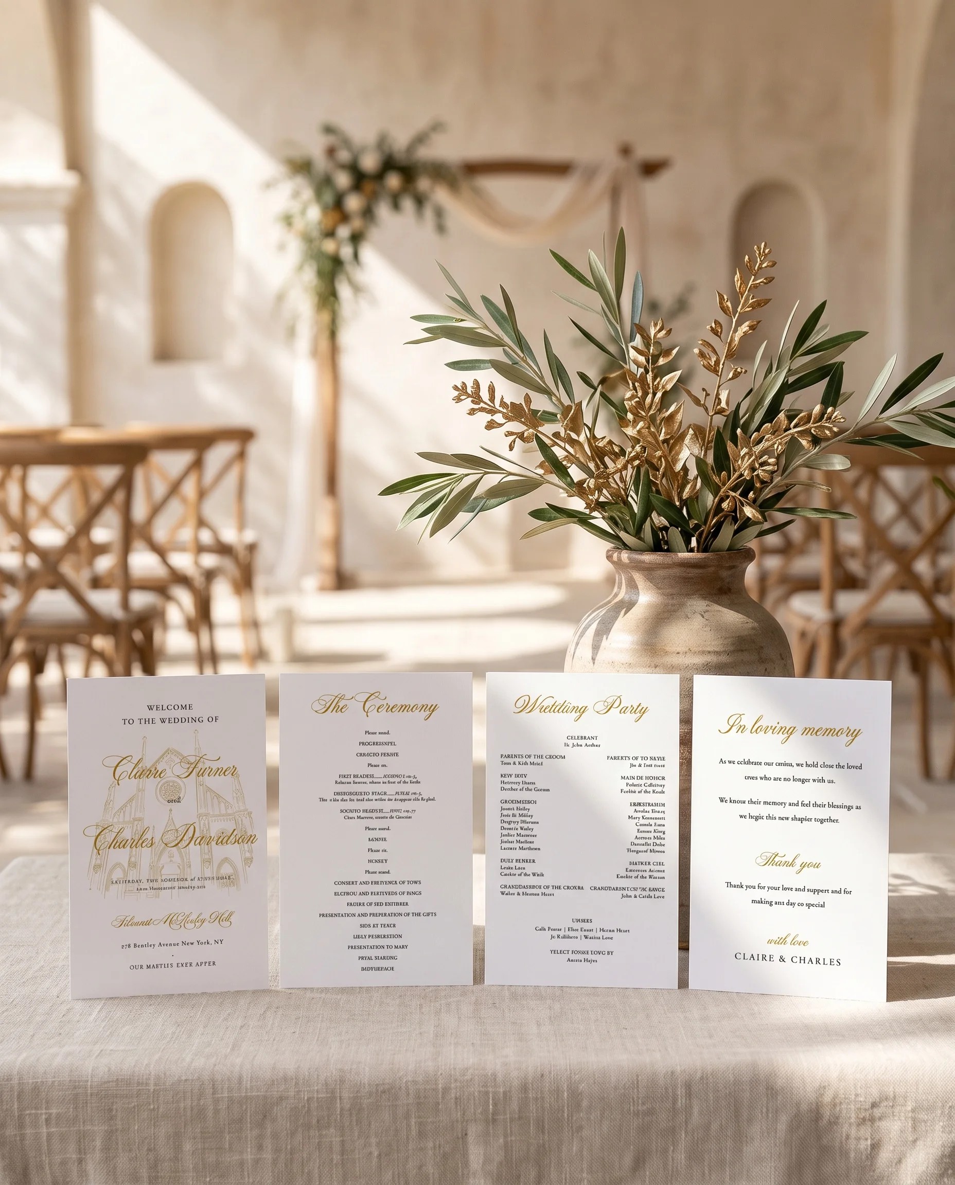 Gilded Arrow wedding program — four flat program cards standing upright at a ceremony under soft natural light, wedding program template.