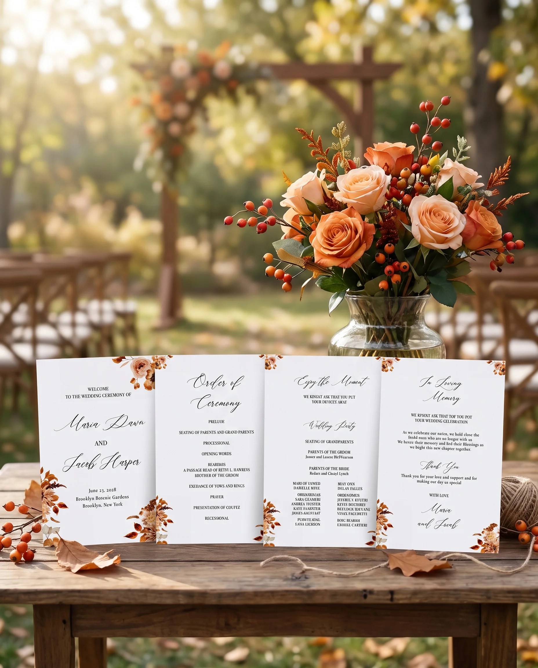 Autumn Bramble wedding program — four flat program cards standing upright at a ceremony under soft natural light, wedding program template.
