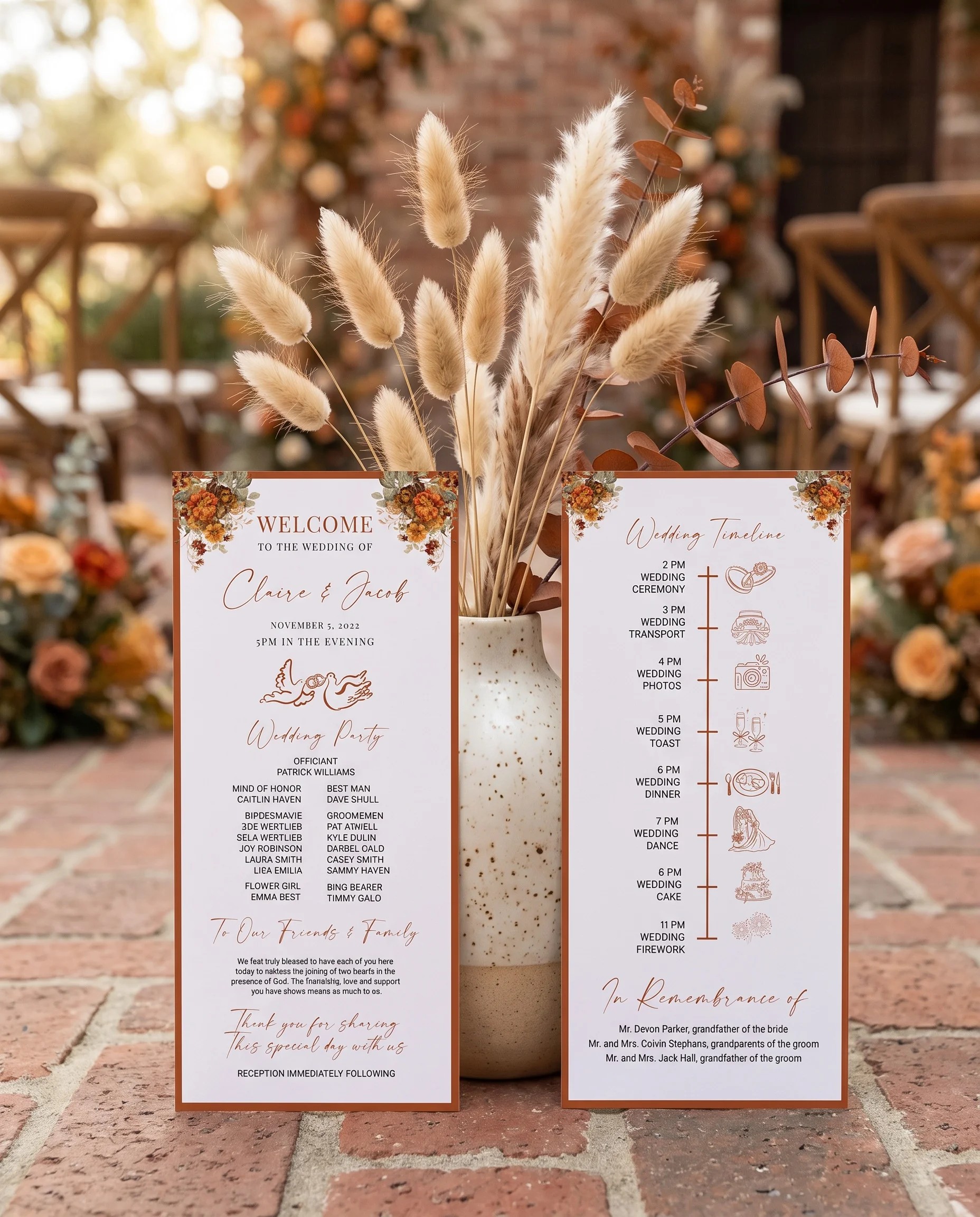 Terracotta Crown wedding program — two flat cards standing upright at a ceremony in soft natural light, wedding program template.