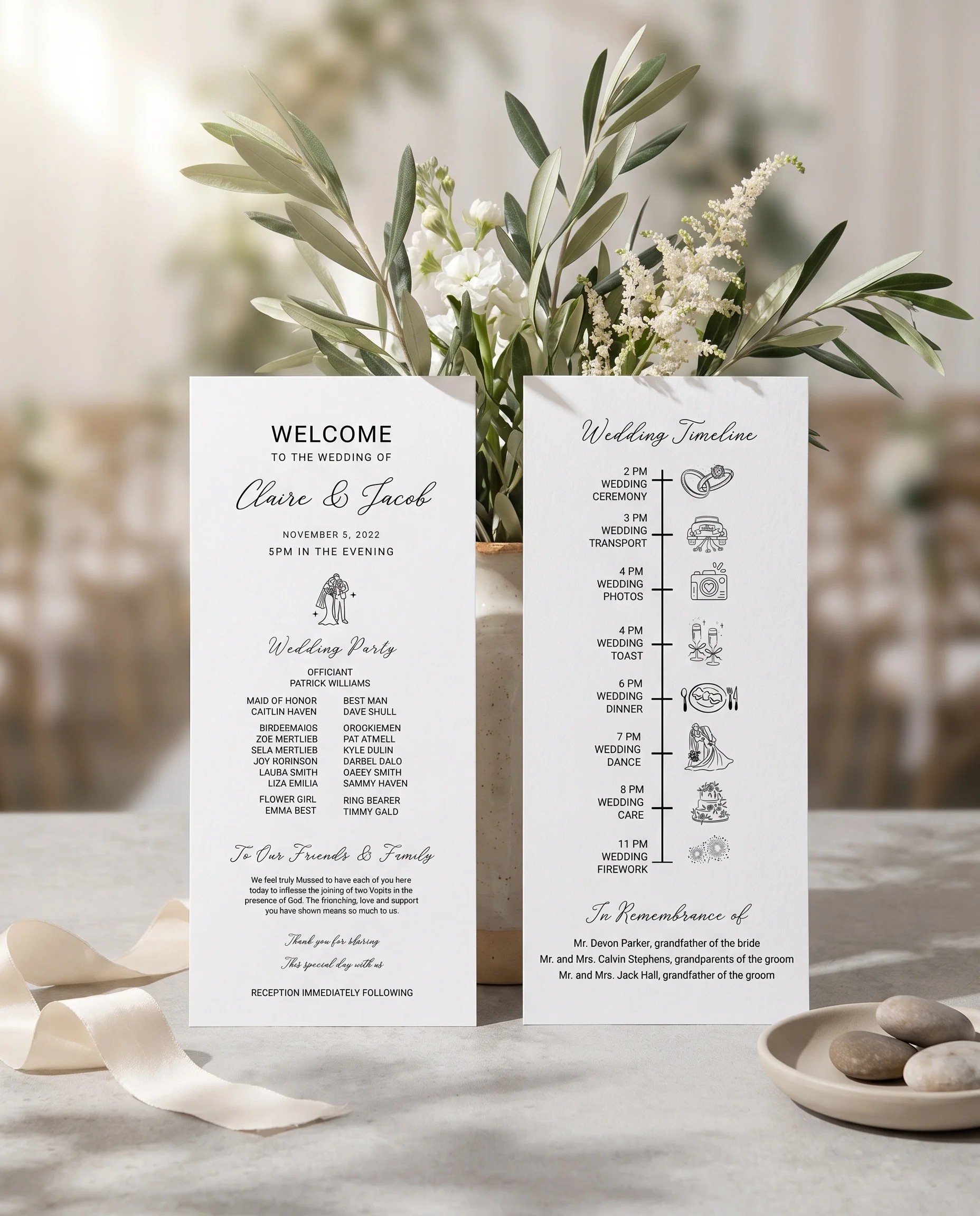 Lyris wedding program — two flat program cards standing upright at a ceremony in soft natural light, wedding program template.