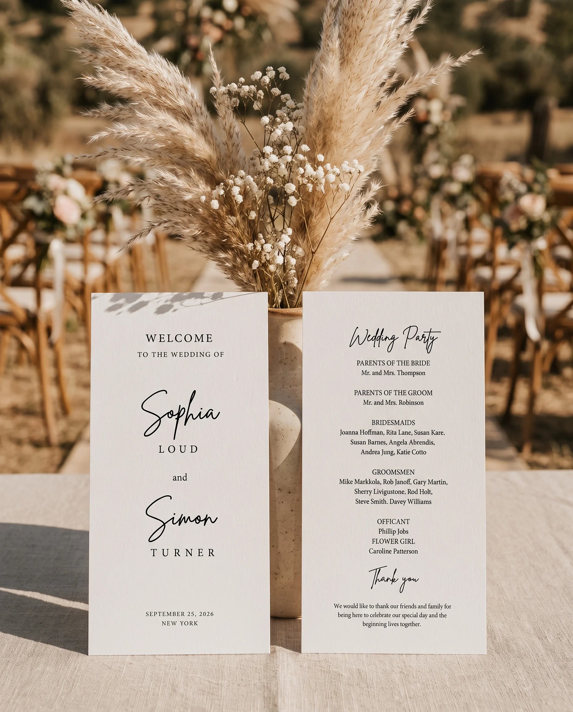 Arrowcrest wedding program — two flat program cards standing upright at a ceremony in soft natural light, wedding program template.