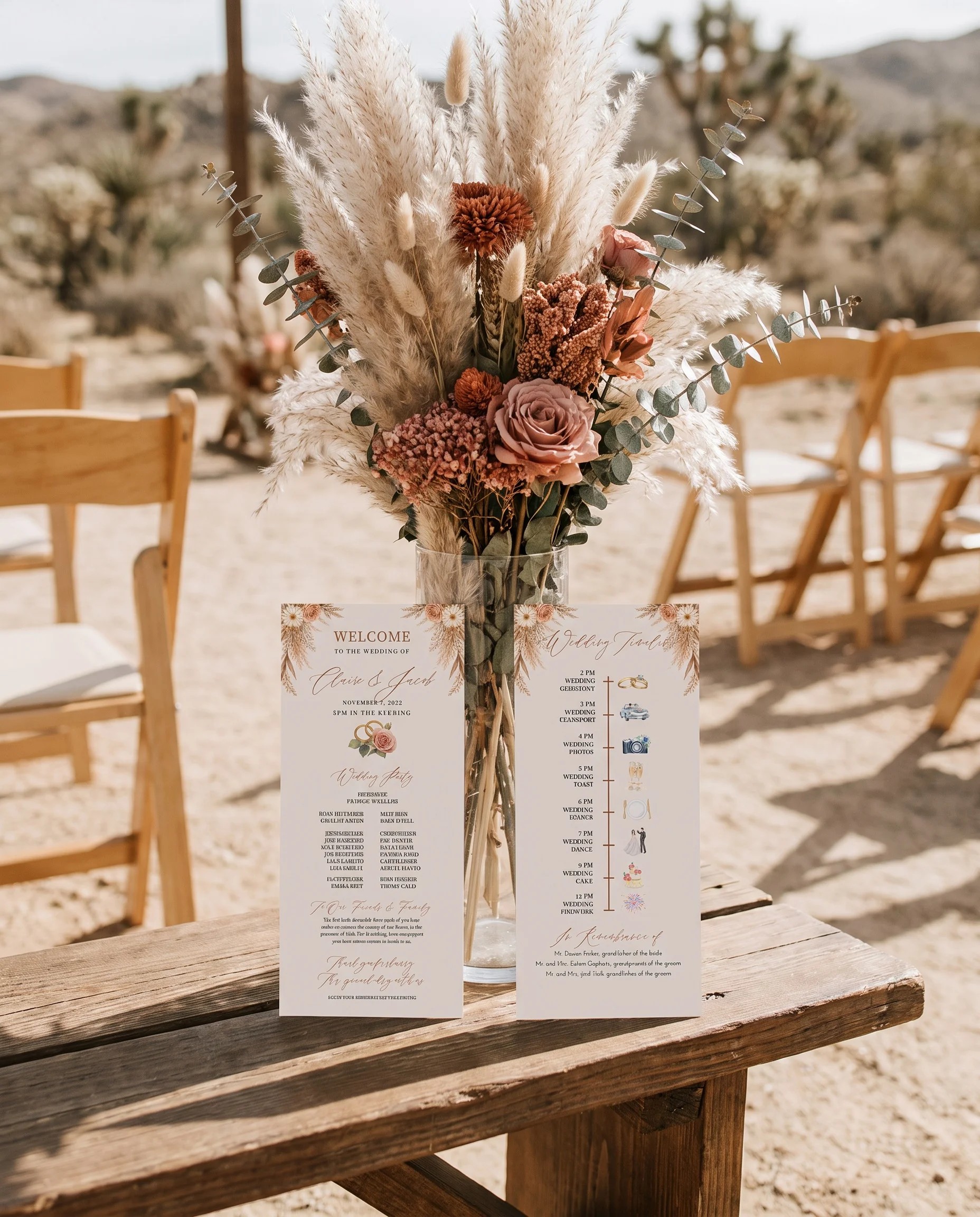 Pampas Hush wedding program — two program cards standing upright at a ceremony under soft natural light, wedding program template.