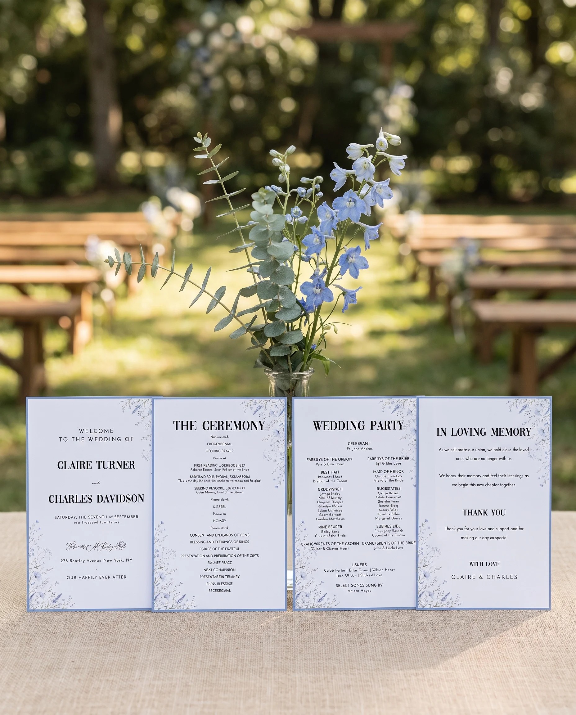 Azure Sprig wedding program — four flat card designs standing upright at a ceremony under soft natural light, wedding program template.