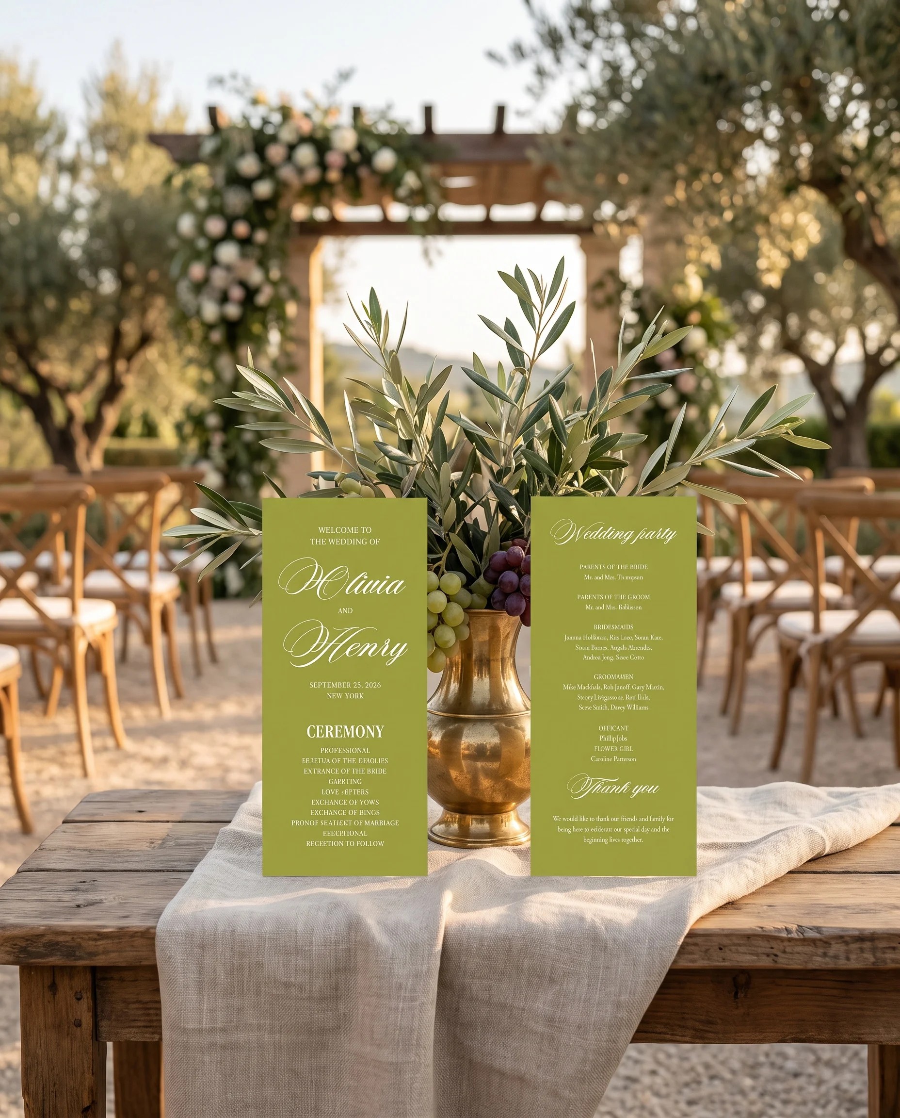 Olive Baroque wedding program — two flat program cards standing upright at a ceremony in soft natural light, wedding program template.