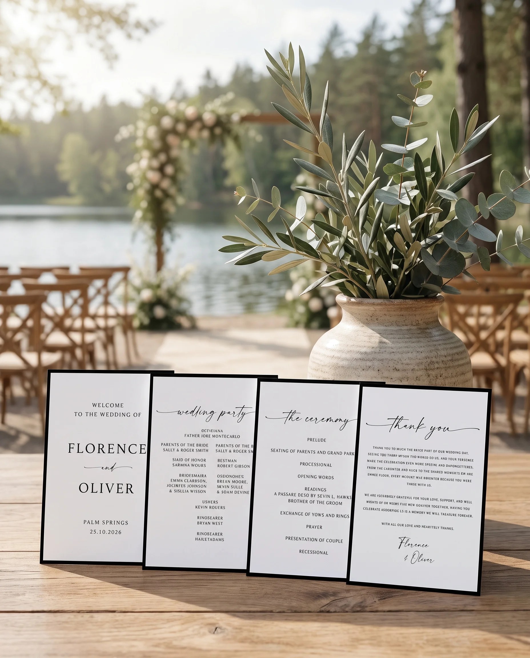 Lumen Frame wedding program — four flat program cards standing upright at a ceremony in soft natural light, wedding program template.