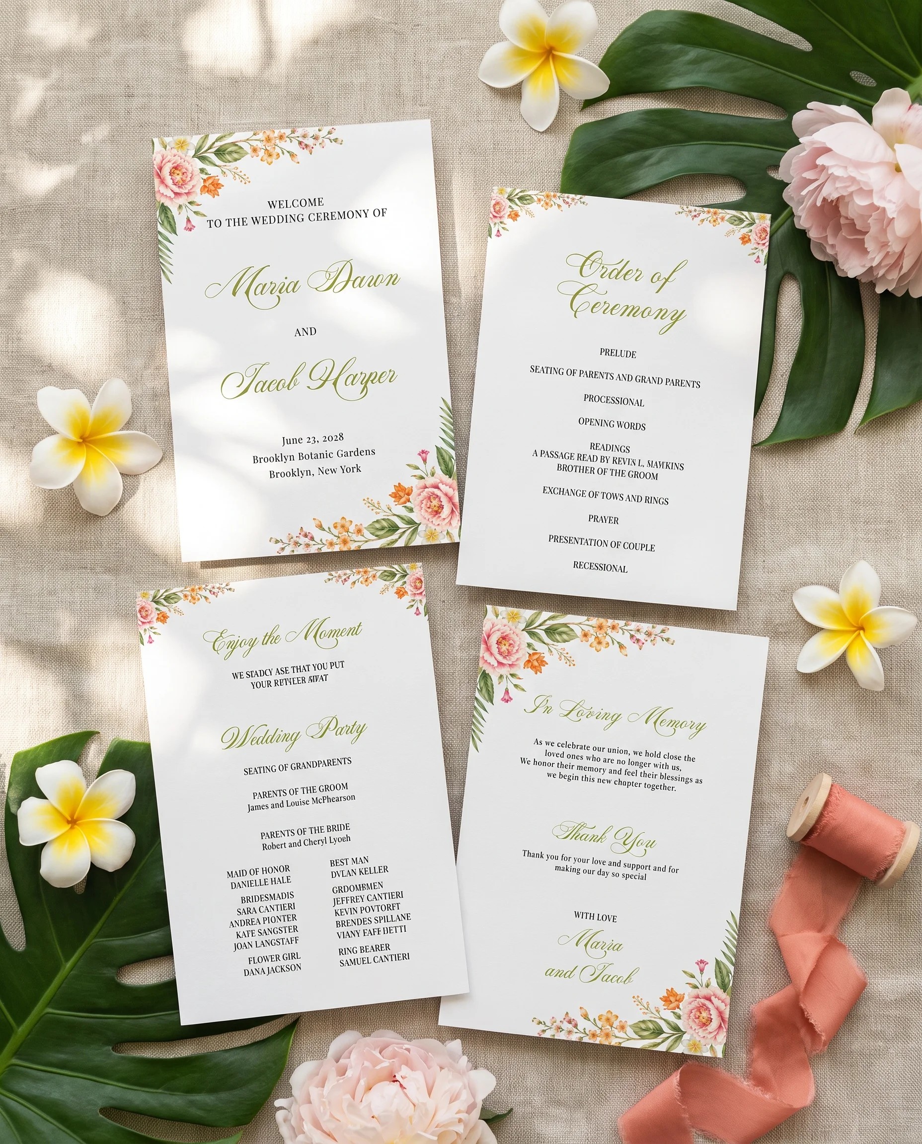 Plumeria Peony wedding program — four flat program cards arranged above on paper in soft natural light, wedding programs.