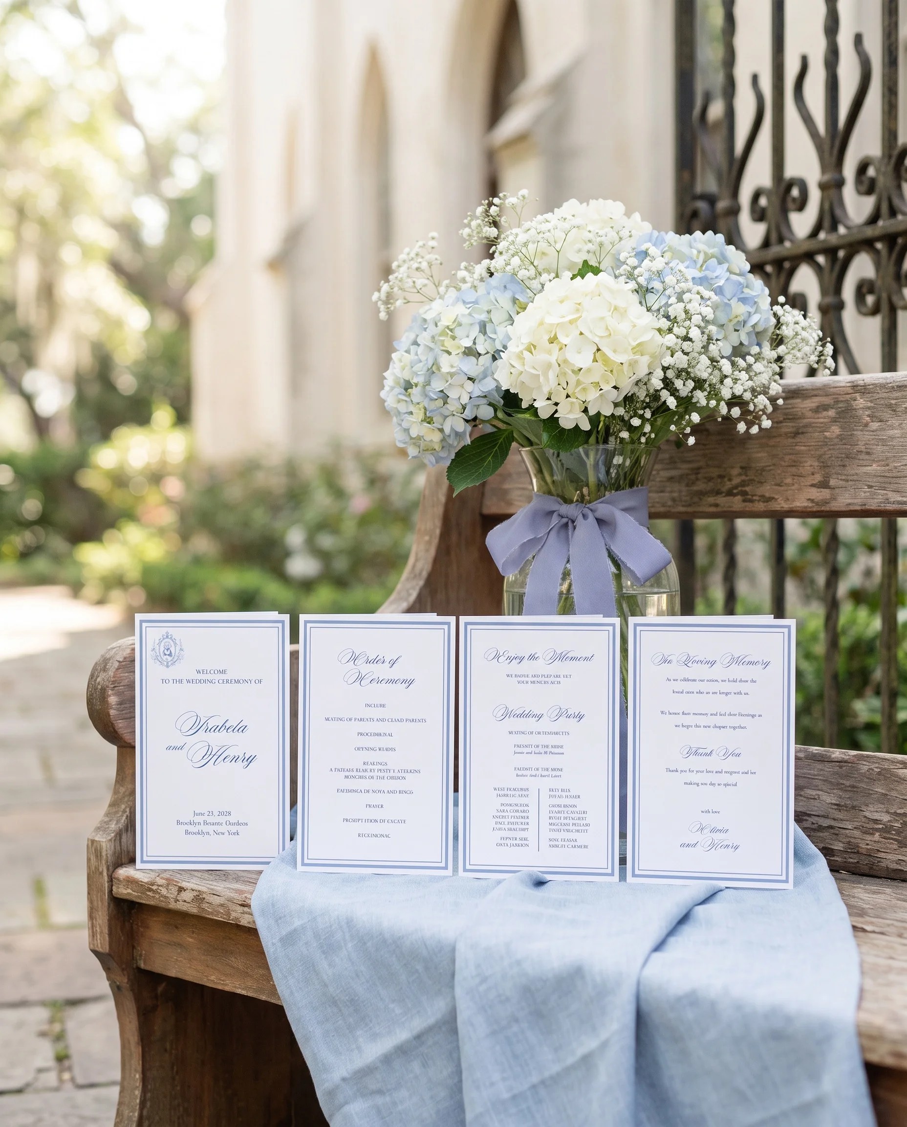 Azure Flourish wedding program — all four pages standing upright at a ceremony under soft natural light, wedding program template.