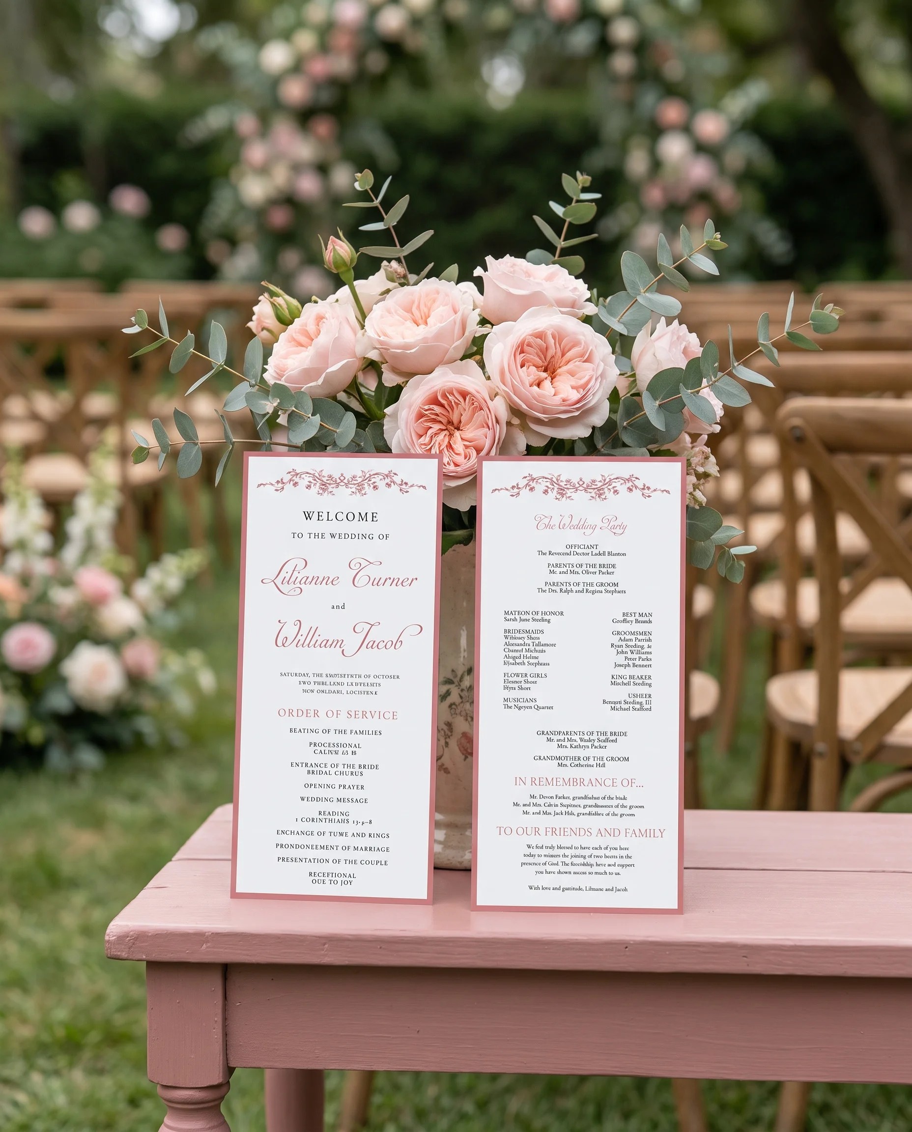 Rosewood Trellis wedding program — two flat cards standing upright at a ceremony in soft natural light, wedding program template.