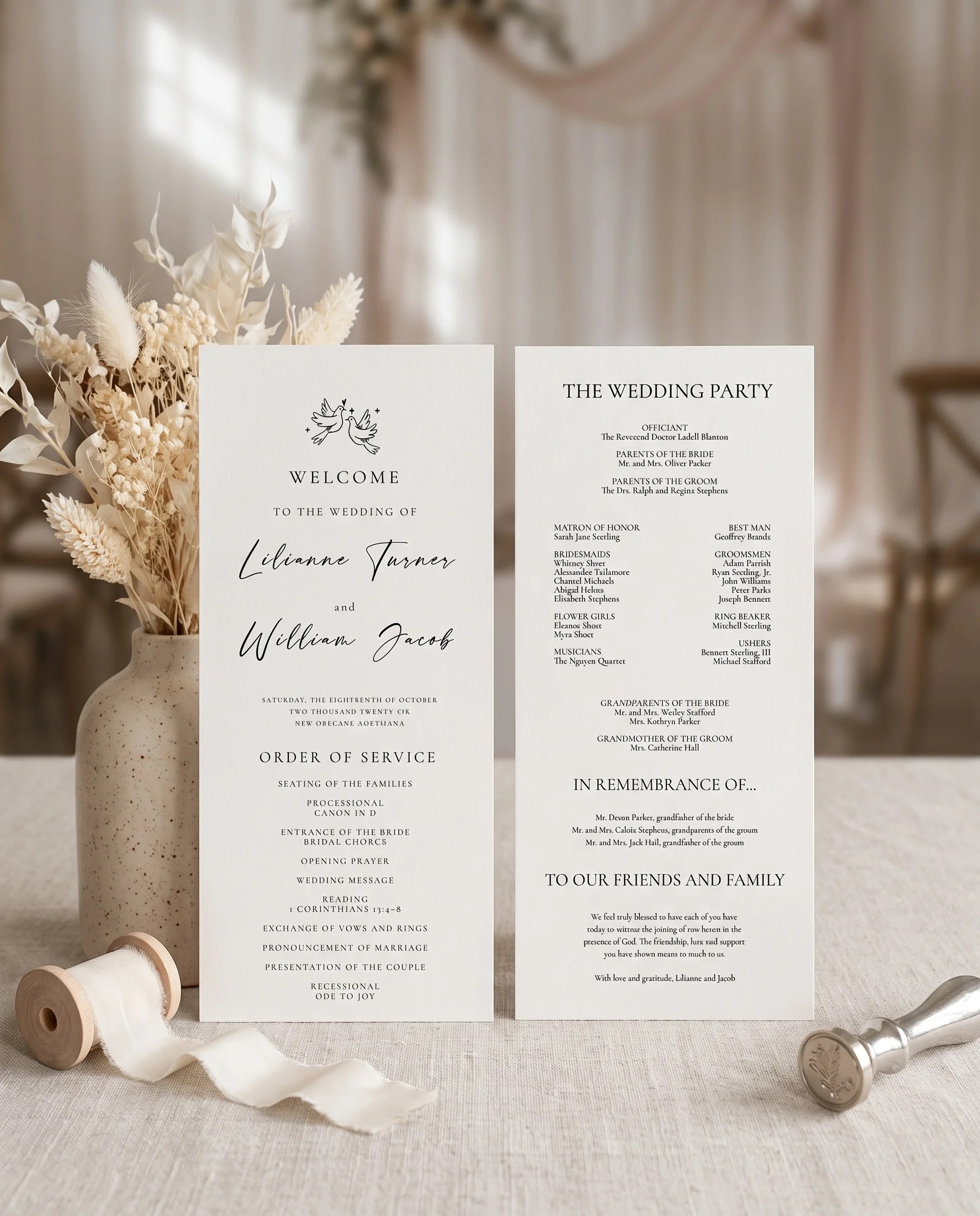 Tonal Reply wedding program — two flat program cards standing upright at a ceremony in soft natural light, wedding program template