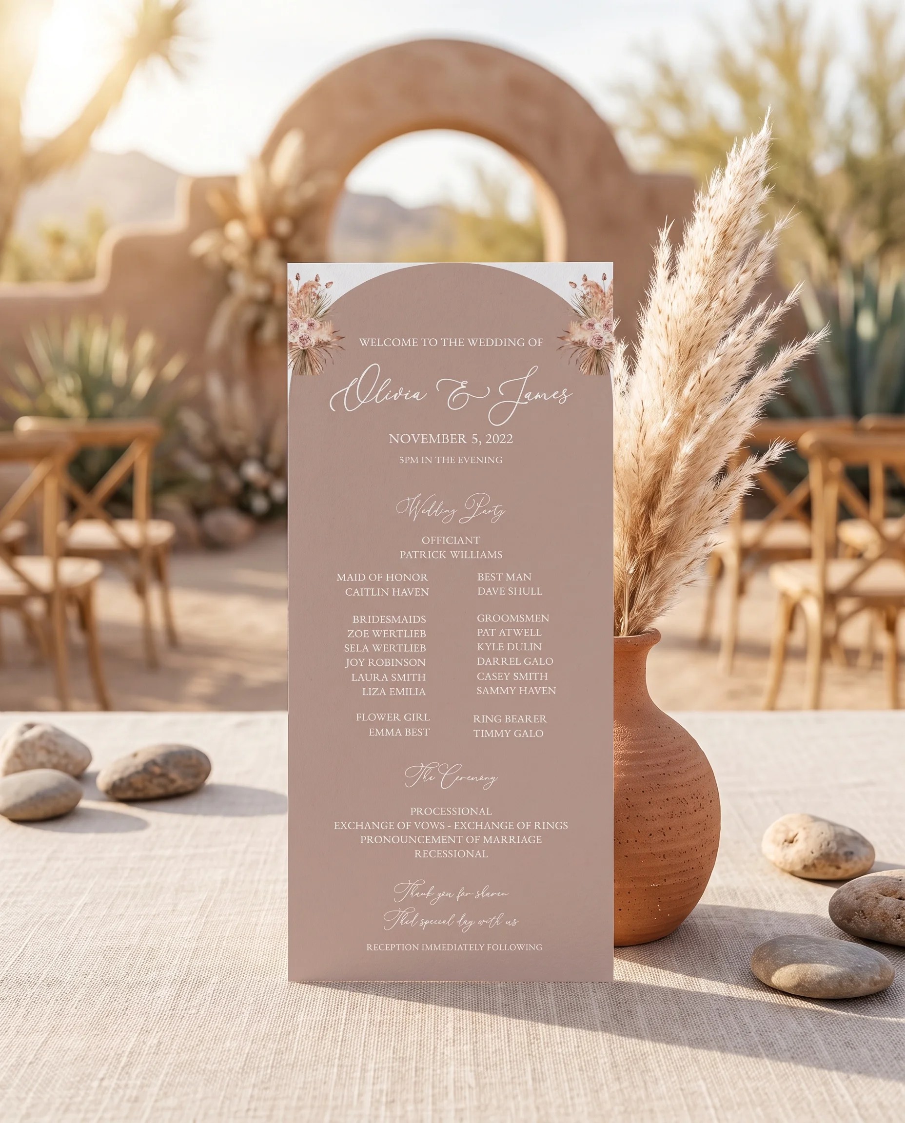 Desert Bloom wedding program — flat program card standing upright at a ceremony setting under soft natural light, wedding program template.