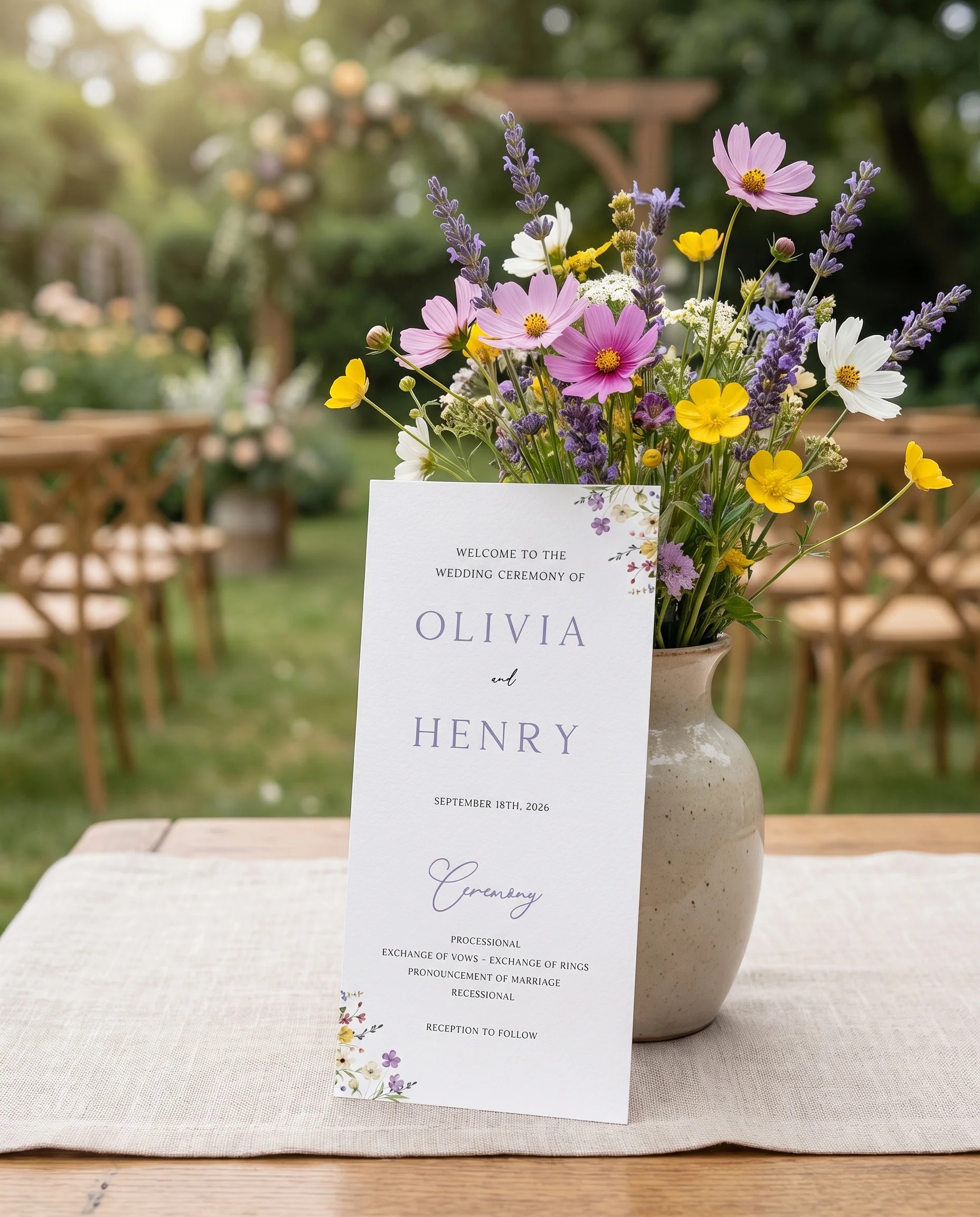 Floret Veil wedding program — shown from a slight overhead angle on premium editorial paper in soft natural light, wedding programs.
