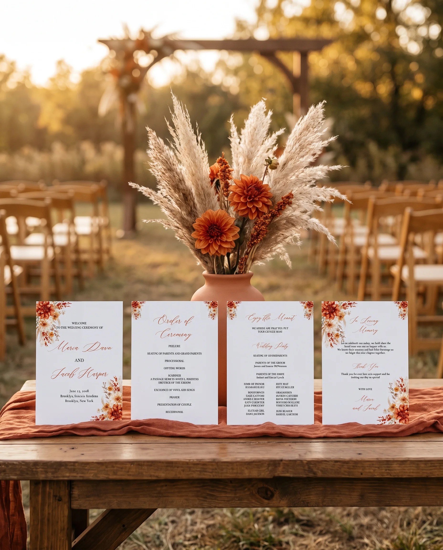 Dahlia Ember wedding program — four flat cards standing upright at a ceremony under soft natural light, wedding program template.
