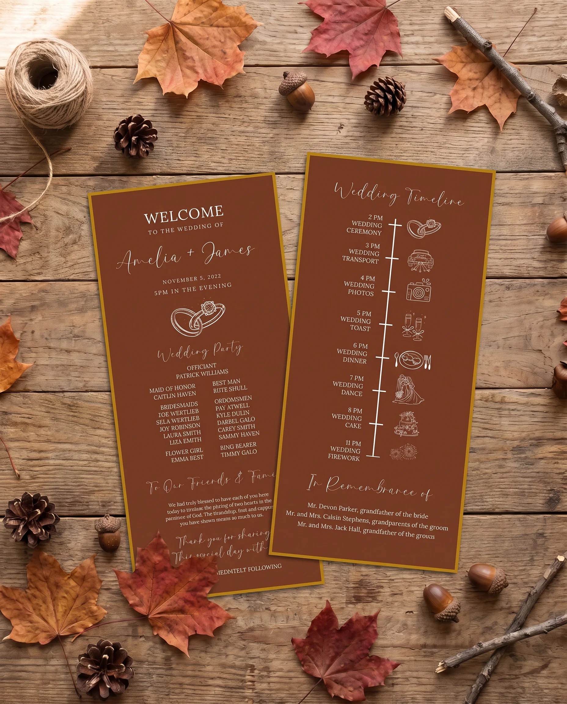 Timberline Reverie wedding program — two program cards arranged flat on paper in soft overhead light, wedding programs.