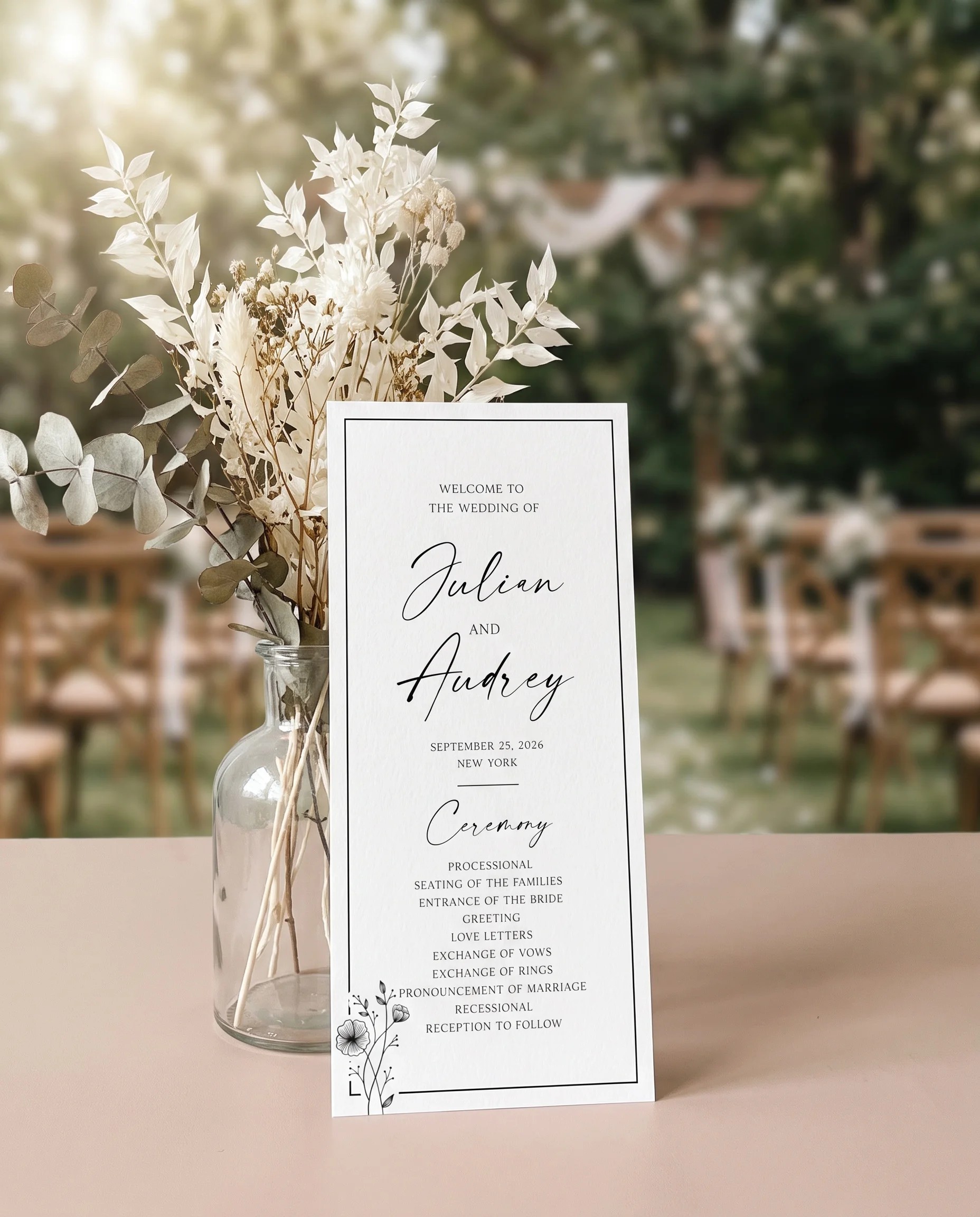 Hush Bloom wedding program — flat card standing upright at a ceremony setting in soft natural light, wedding program template.
