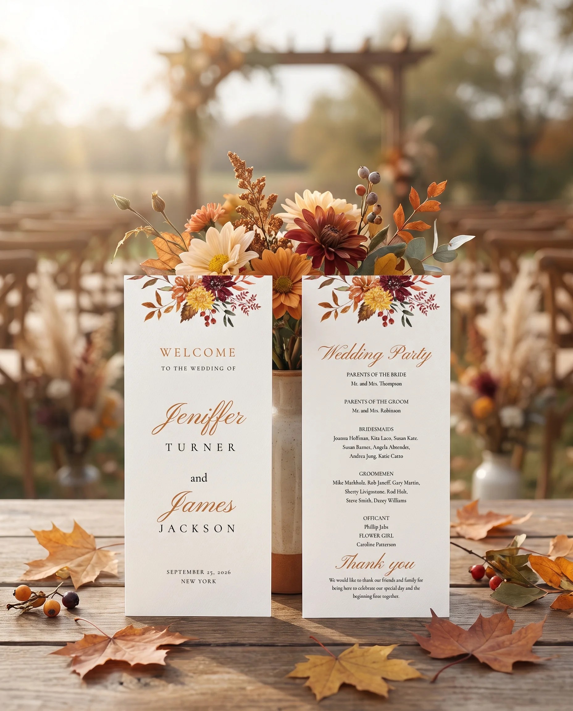 Ember Bloom wedding program — two flat cards standing upright at a ceremony setting in soft natural light, wedding program template.