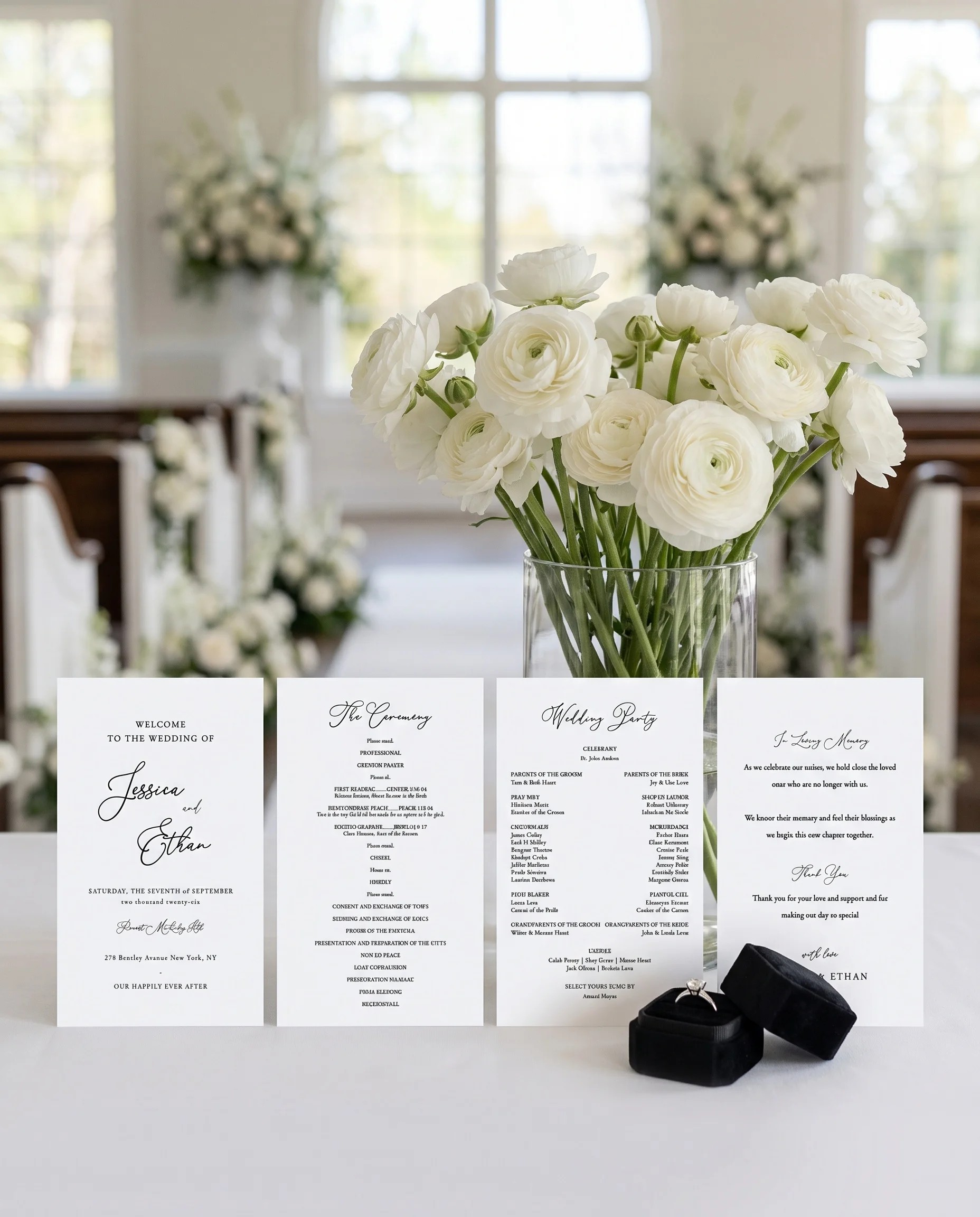 Monochrome Veil wedding program — four flat program cards standing upright at a ceremony in soft natural light, wedding program template.