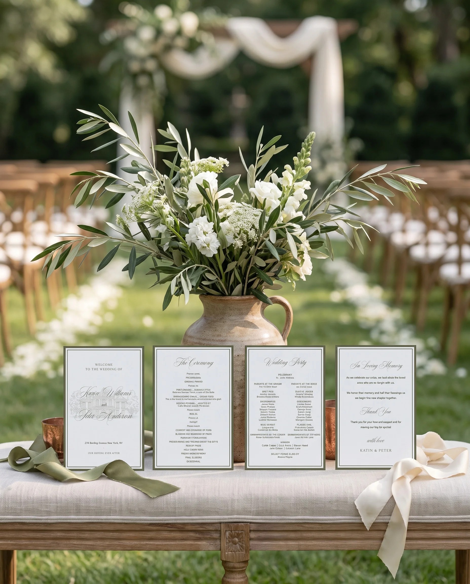 Verdant Filigree wedding program — four flat program cards standing upright at a ceremony under soft natural light, wedding program template.