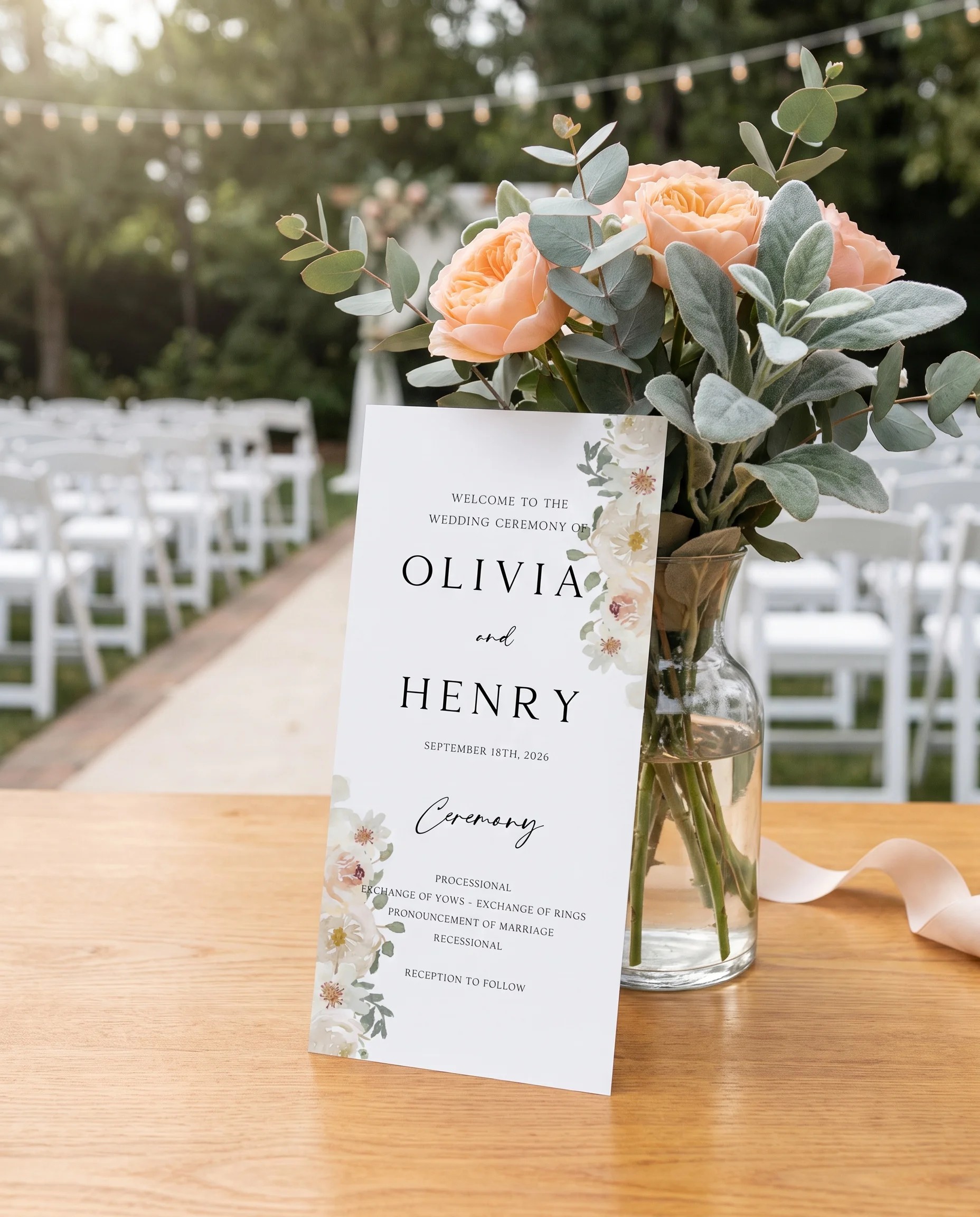 Seraphine wedding program — standing upright at a ceremony setting under soft natural light, wedding program template.
