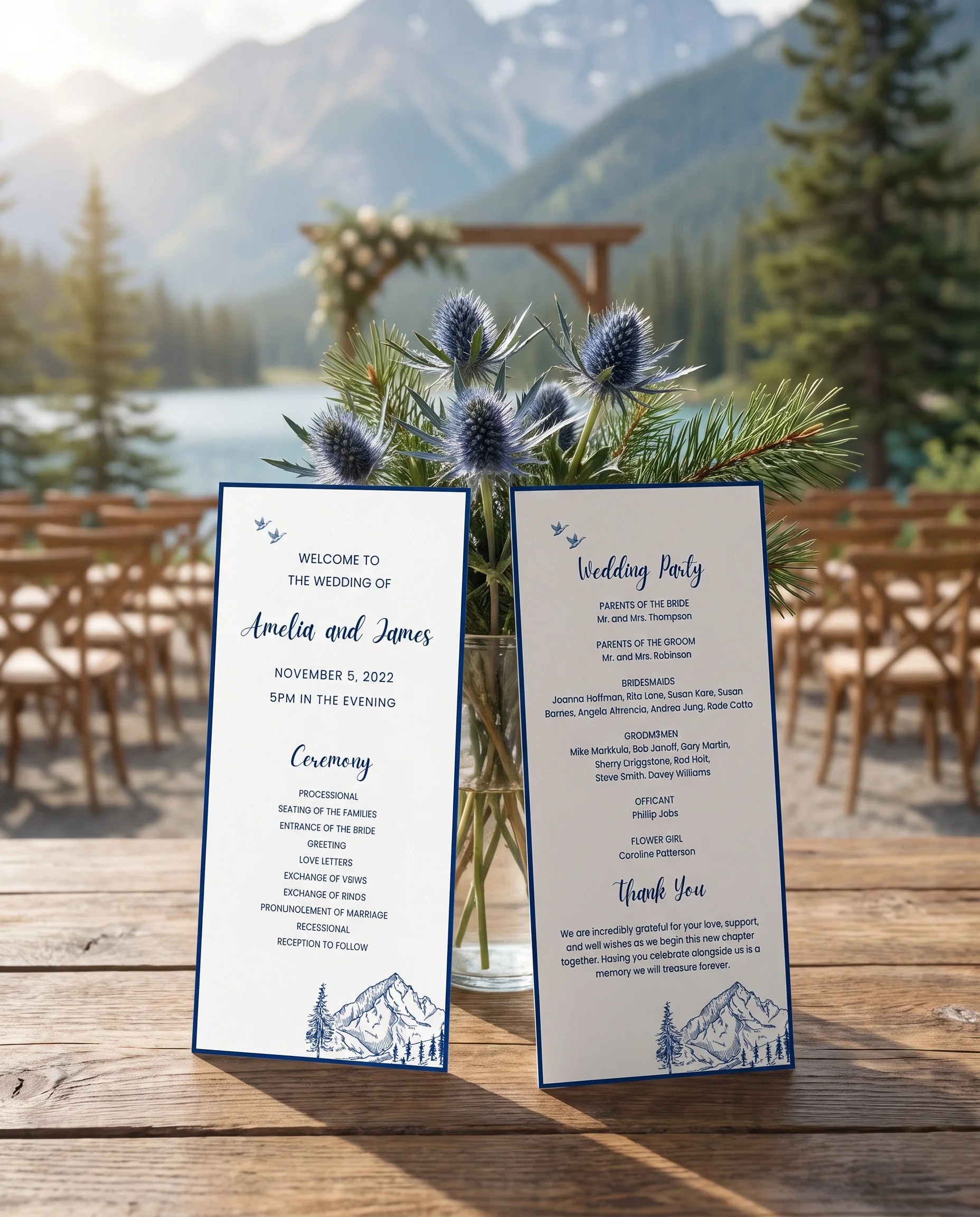 Blue Range wedding program — two flat cards standing upright at a ceremony in soft natural light, blue wedding program template.