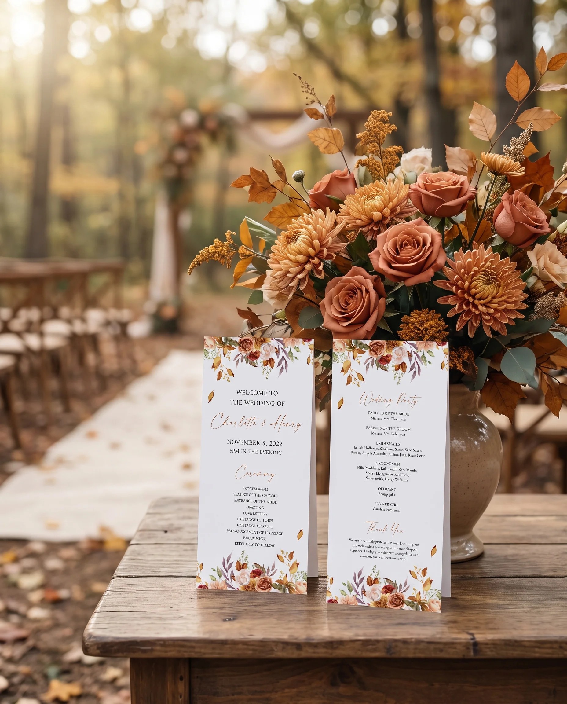 Autumn Bloom wedding program — two flat cards standing upright at a ceremony on premium editorial paper in soft natural light, wedding program template.