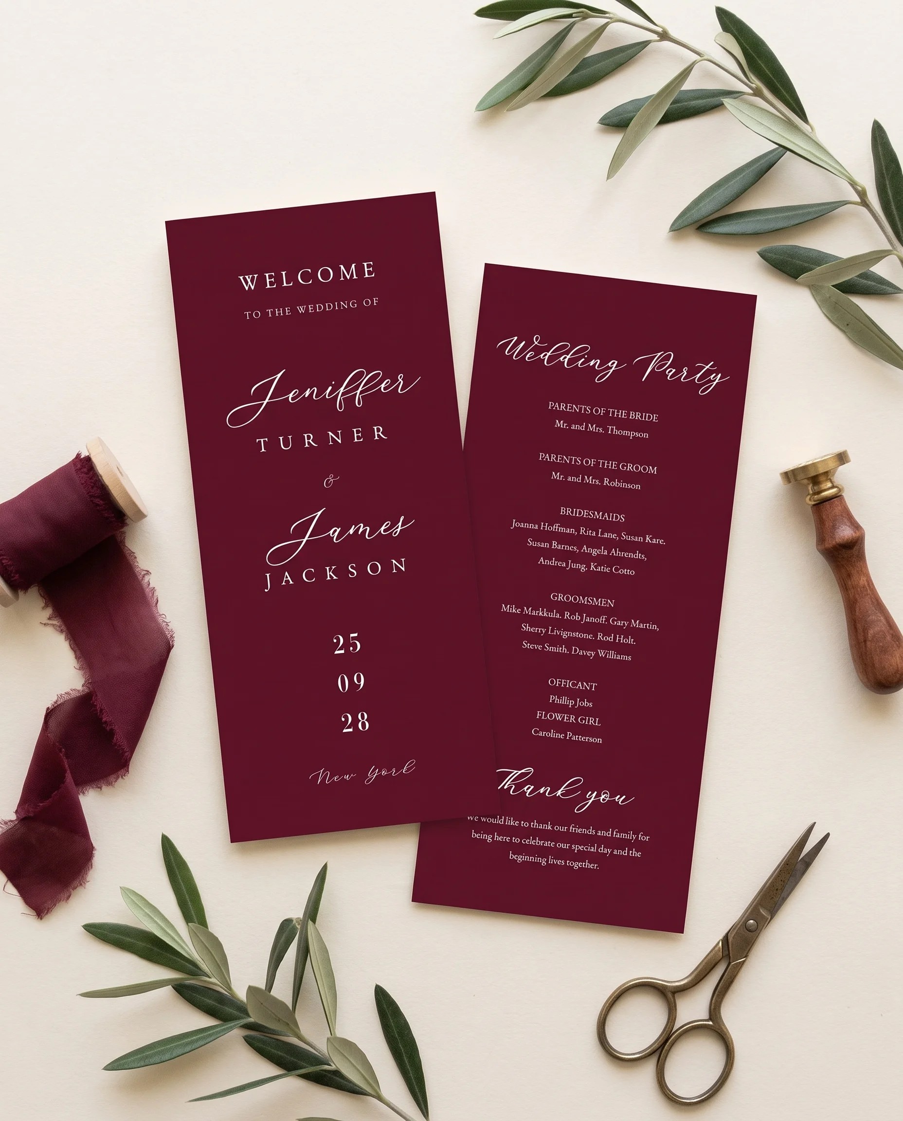 Claret Vine wedding program — two program cards arranged flat above on premium paper under soft natural light, wedding programs.