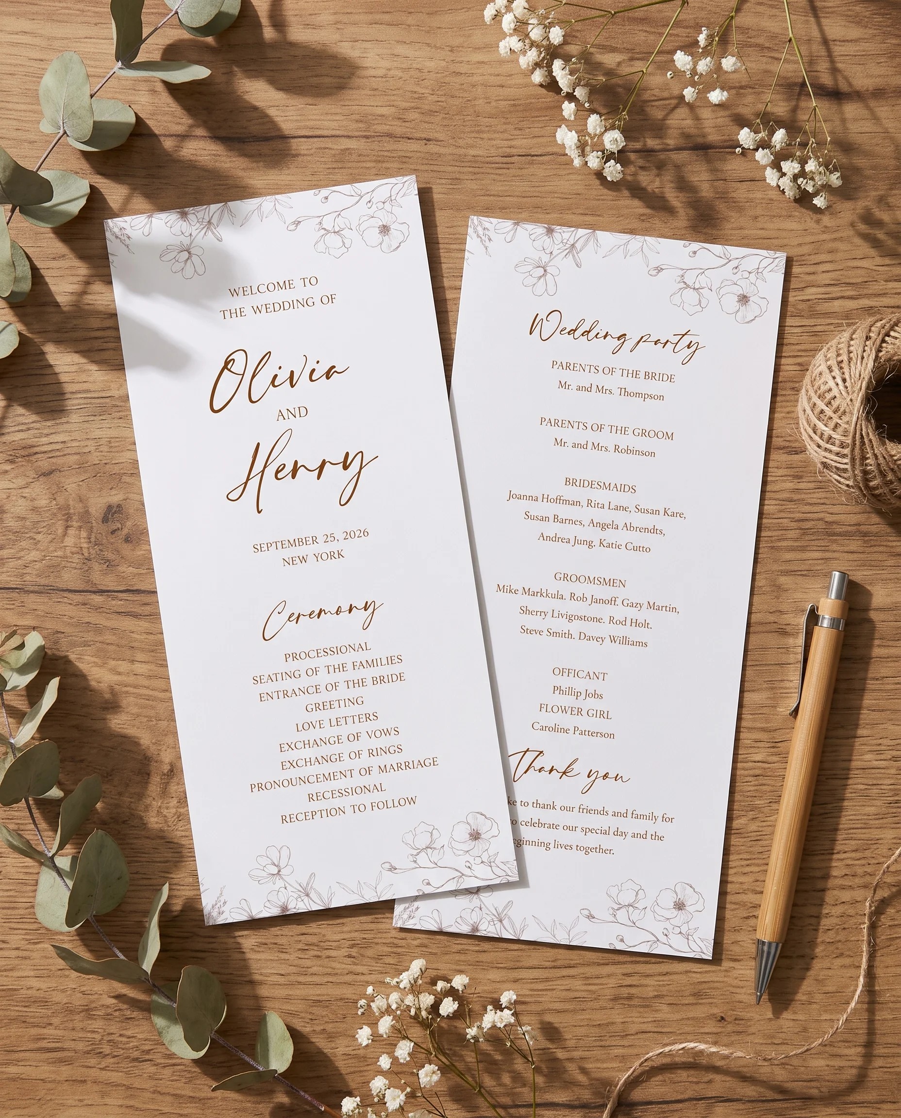 Arrow Bloom wedding program — two flat program cards arranged from above in soft natural light, wedding programs