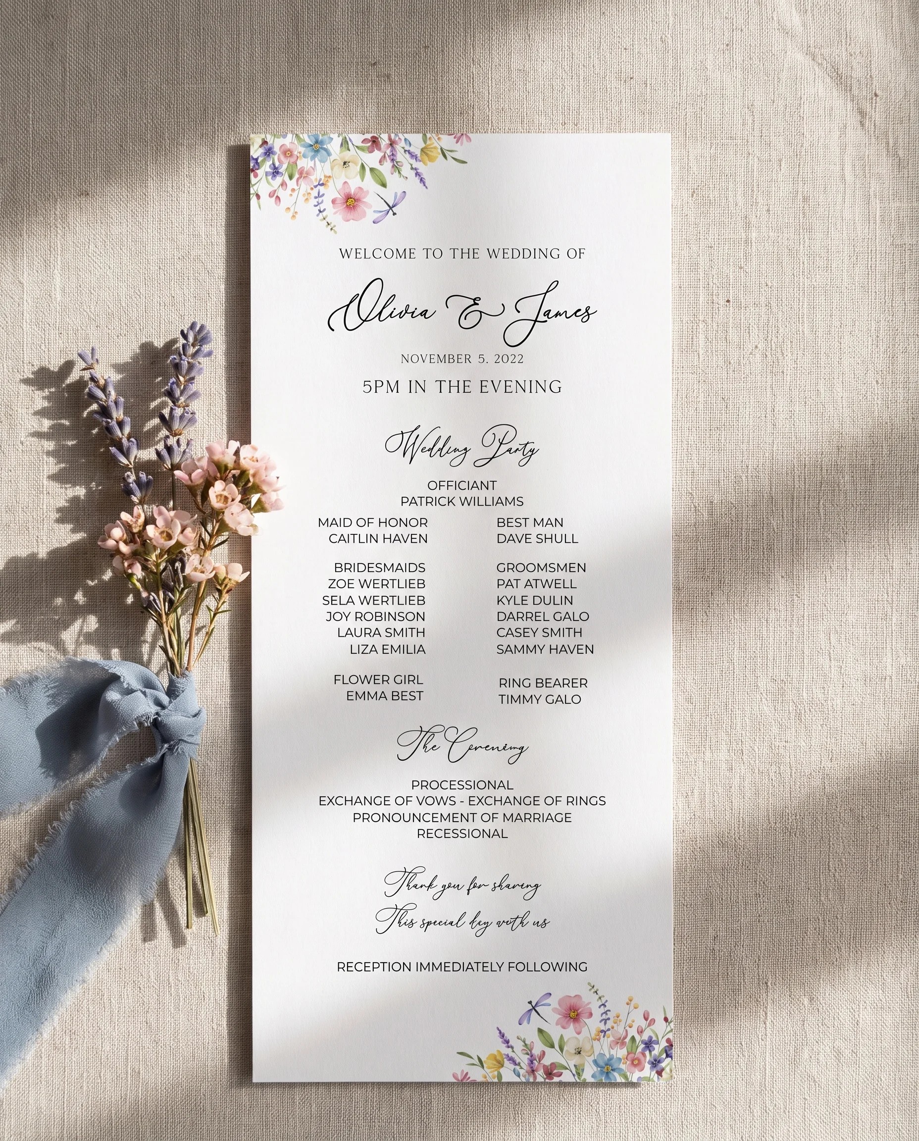 Meadowlark wedding program — shown flat with front facing up under soft natural light, wedding programs.