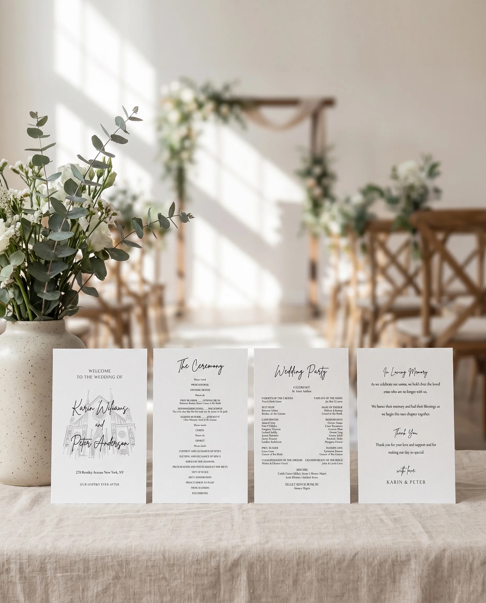 Contour wedding program — four flat program cards standing upright at a ceremony under soft natural light, wedding program template.