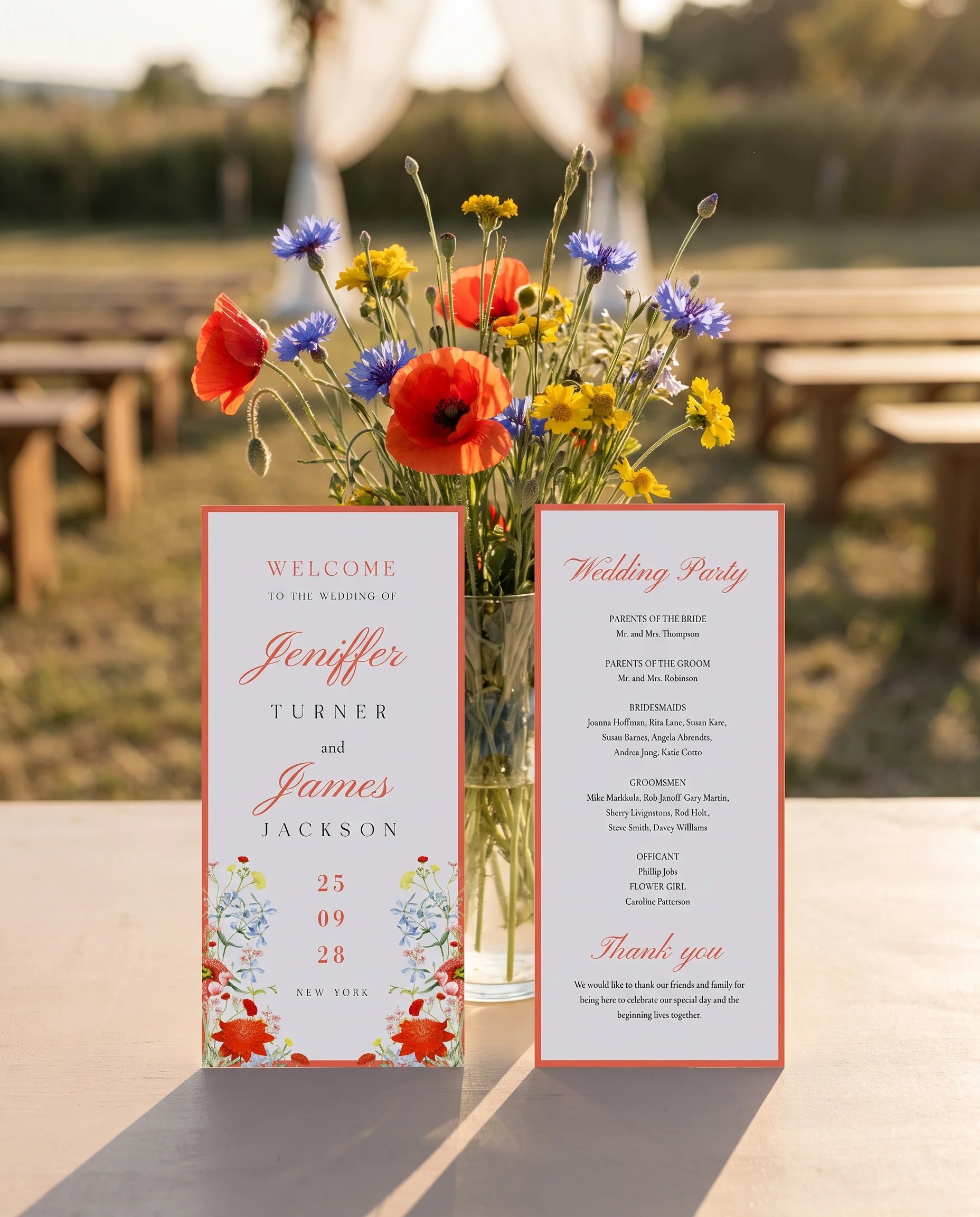 Poppy Meridian wedding program — two flat card designs standing upright at a ceremony in soft natural light, wedding program template