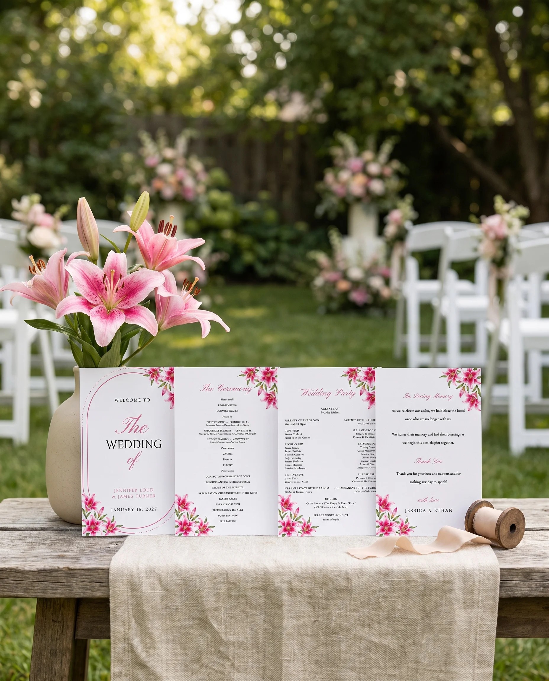 Lily Bloom wedding program — four flat program cards standing upright at a ceremony in soft natural light, wedding program template.