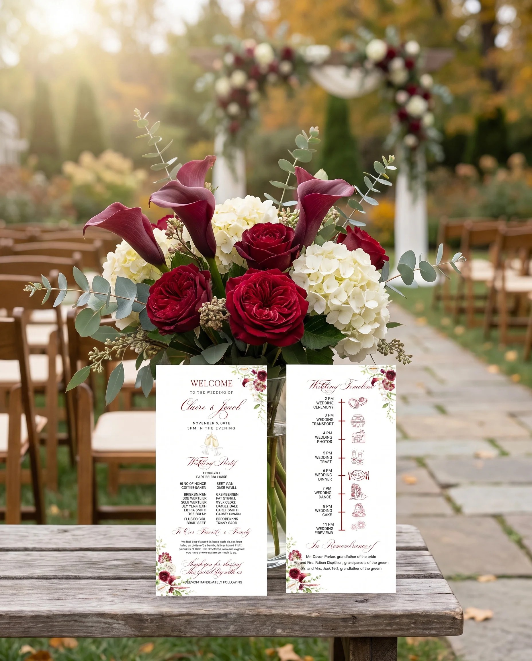 Burgundy Calla wedding program — two flat cards standing upright at a ceremony in soft natural light, wedding program template.