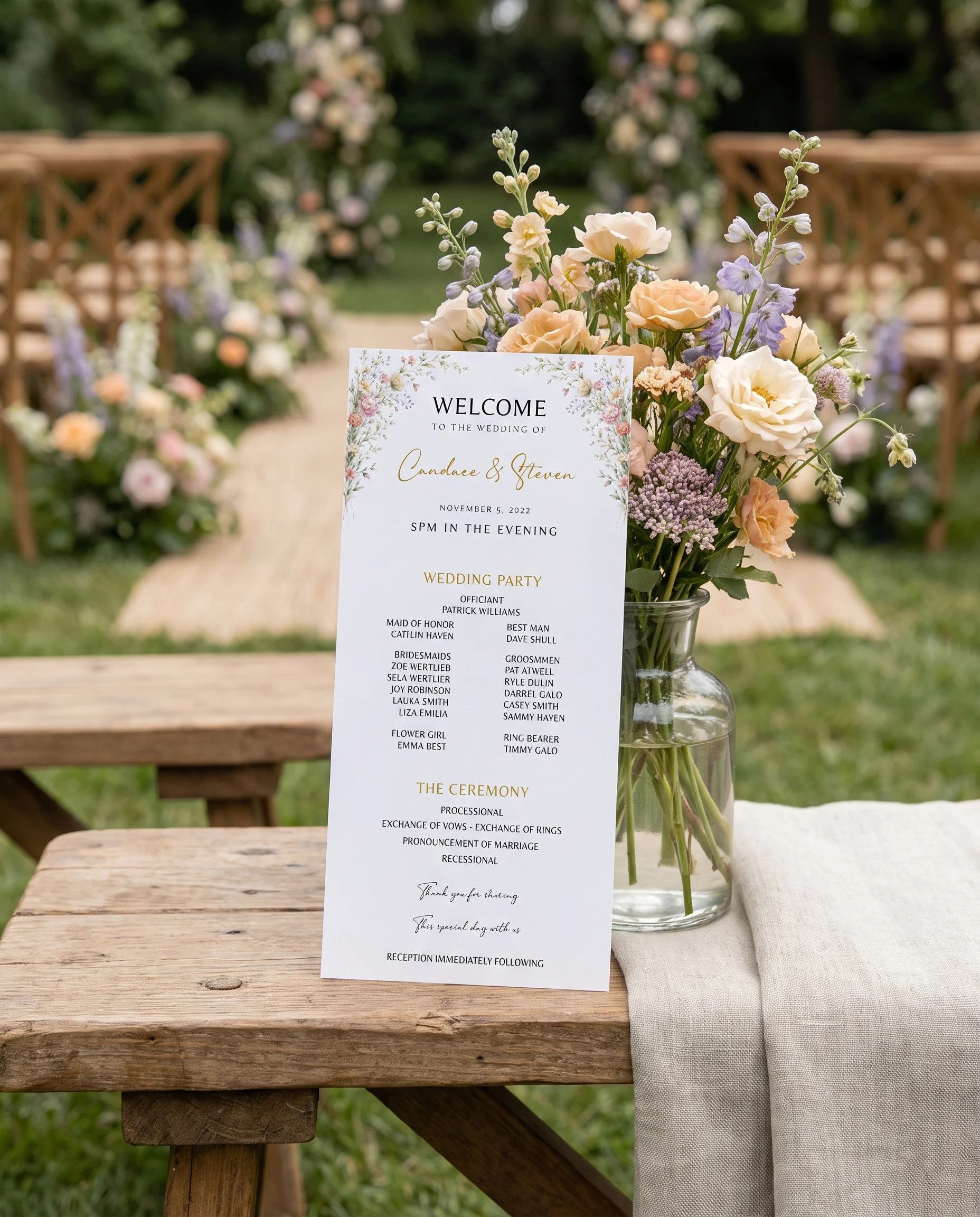 Petal Arbor wedding program — flat card standing upright at a ceremony setting in soft natural light, wedding program template.