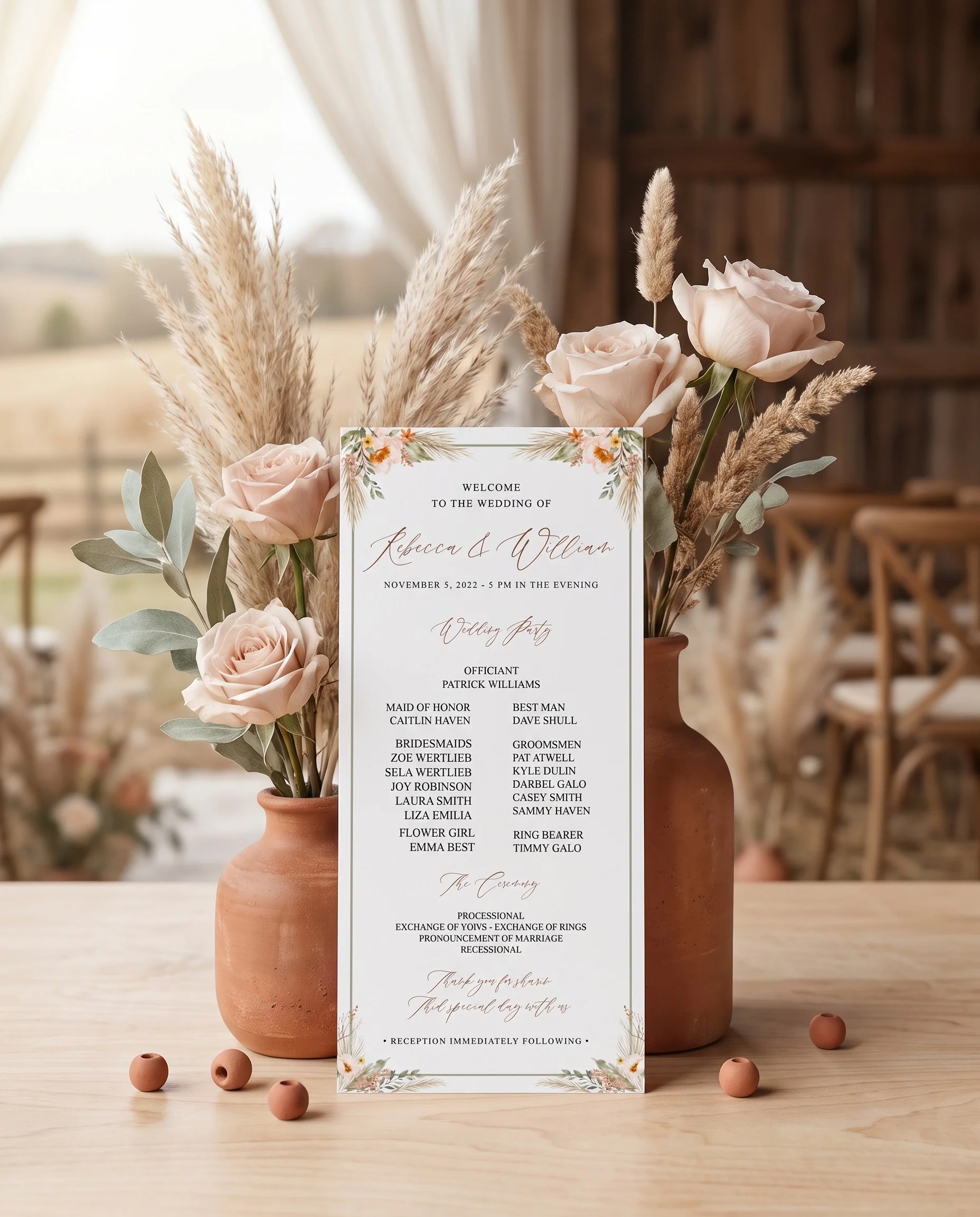 Prairie Fern wedding program — single program card standing upright under soft natural light with a slight overhead angle, wedding program template.