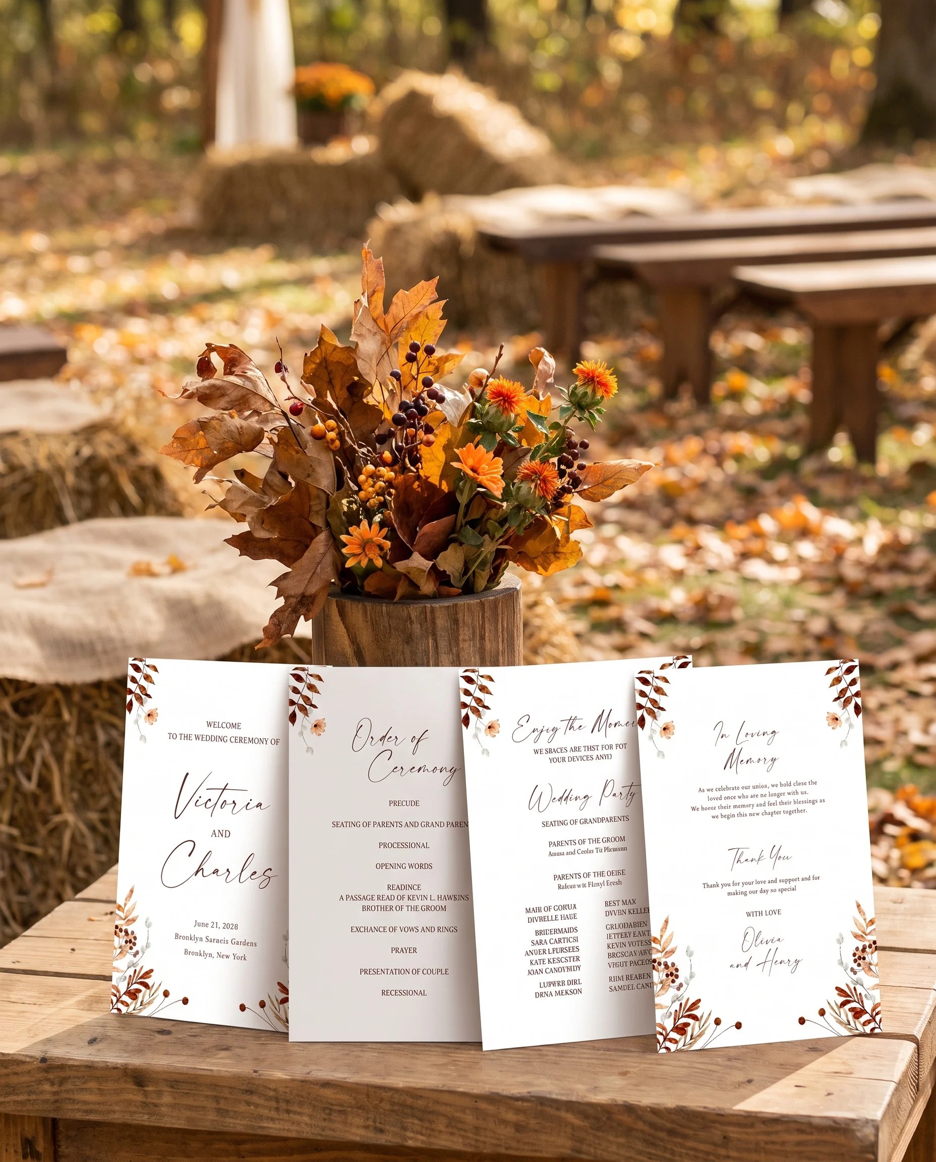 Autumn Bower wedding program — four flat cards standing upright at a ceremony under soft natural light, wedding program template