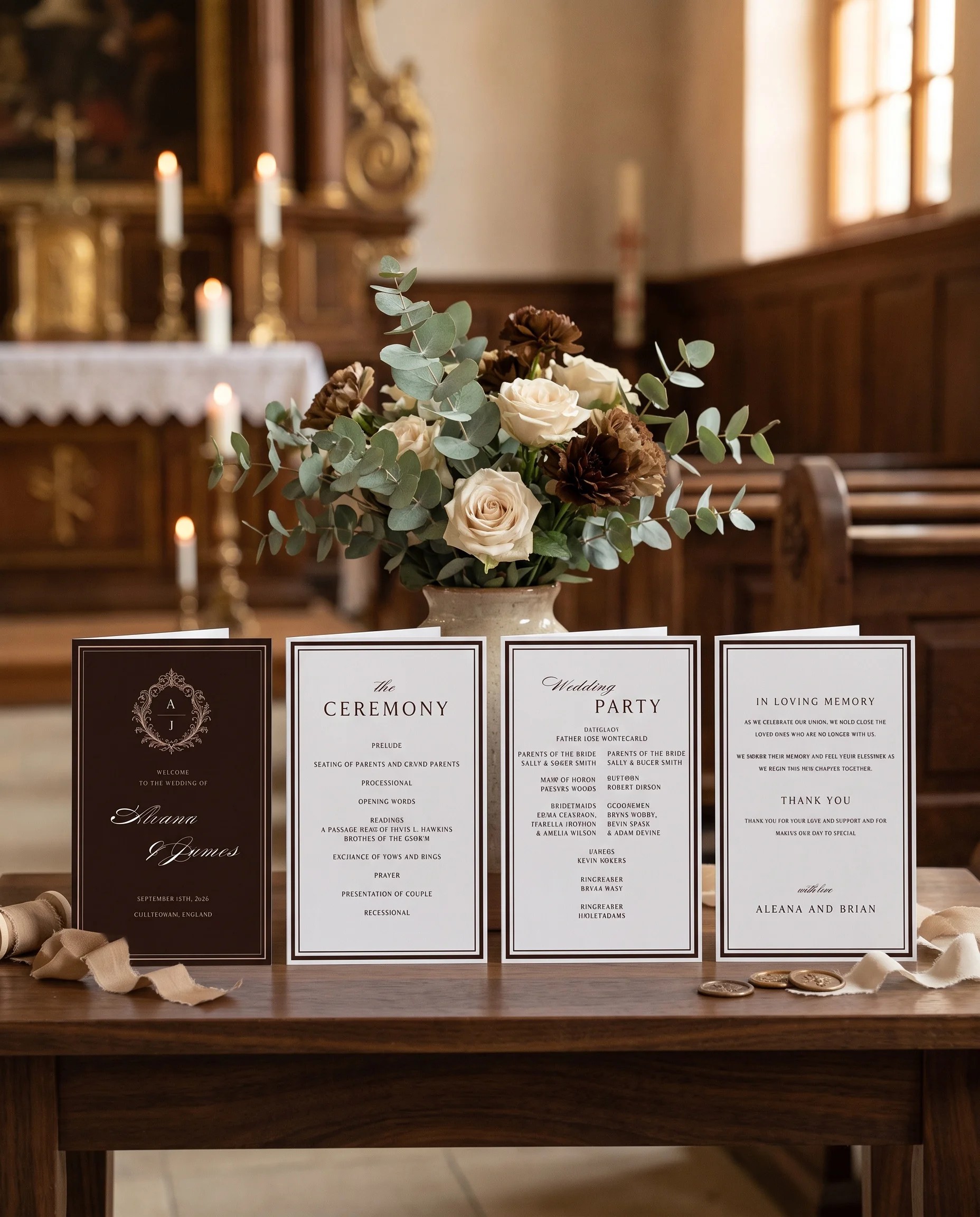Velour wedding program — four flat program cards standing upright at a ceremony under soft natural light, wedding program template.